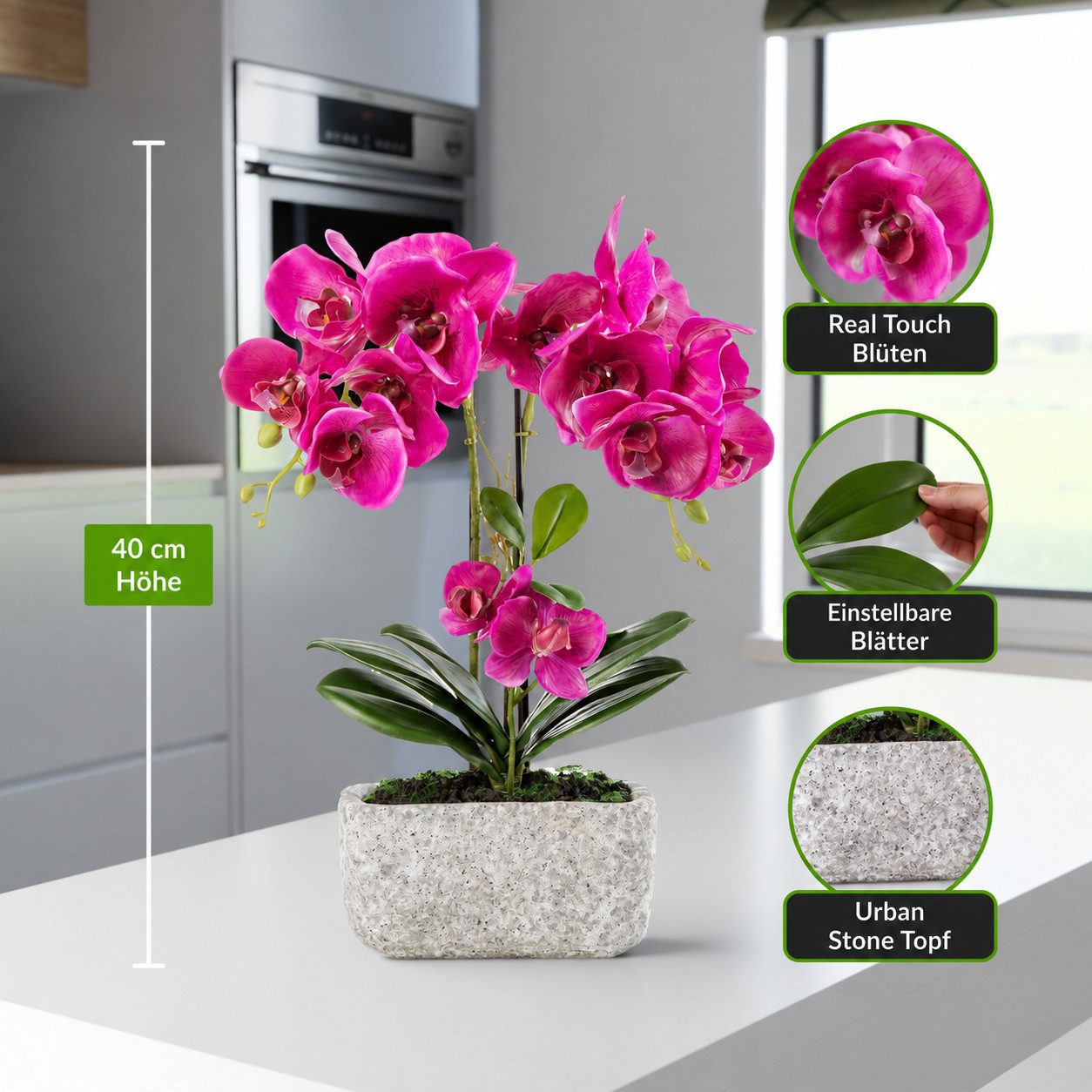 Kunstorchidee PASCH® Orchidee künstlich wie echt (40cm) in Urban Stone Töpfen Orchidee, PASCH, Real Touch Blüten, Handgefertigter Stone Cube
