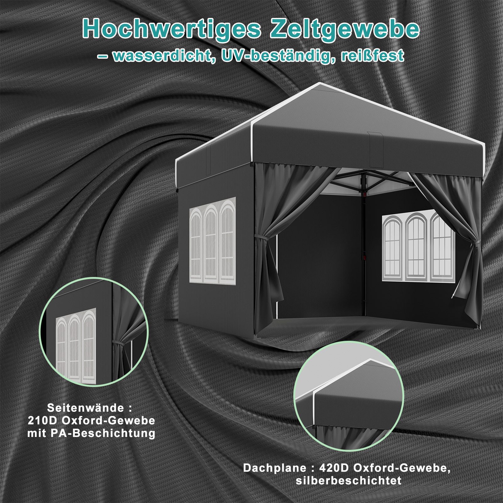 GUNJI Faltpavillon 3x3/3x4.5/3x6m Gartenpavillon mit 4 seitenteilen wasserdicht UV-Schutz, (Partyzelt höhenverstellbarer für Garten Camping), mit Tragetasche & Sandsäcken, pavillon winterfest und wasserdicht