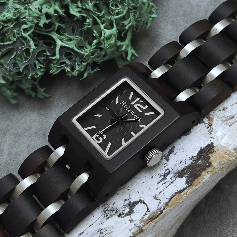 Holzwerk Quarzuhr kleine Damen Eckig, schwarz silber Uhr, HOYA Armband Holz &