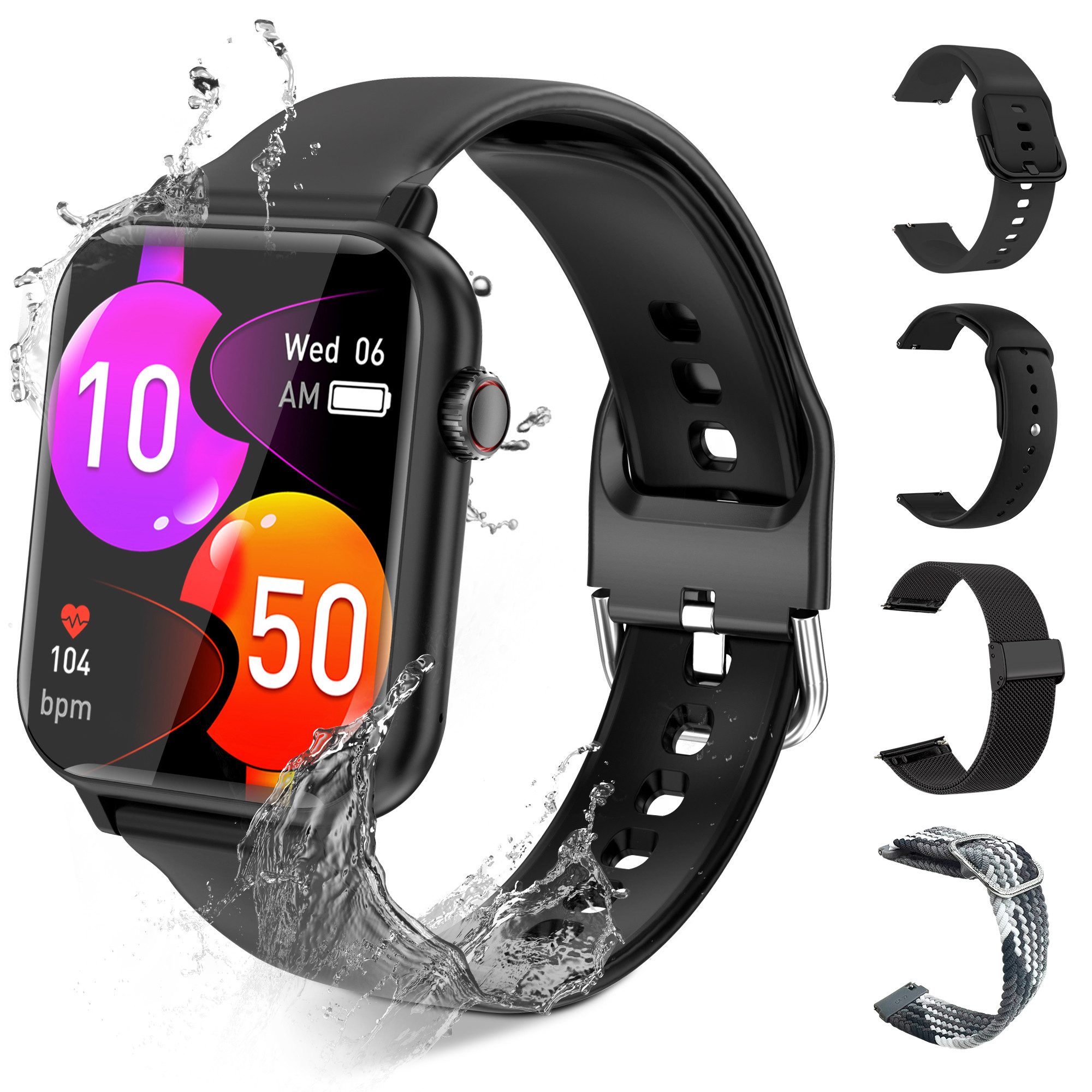 walkbee Smartwatch Fitness Tracker Uhr für Damen Herren mit Telefonfunktion Smartwatch (5 cm/1.96 Zoll Full-Touch Zoll) IP67 Wasserdicht Fitness Uhr,Frauengesundheit,Fitness Tracker mit Schrittzähler, 4 Austauschbare Armbänder, Always-on-Screen-Funktion, Blutsauerstoffmessung,Sportuhren mit Herzfrequenzmessung