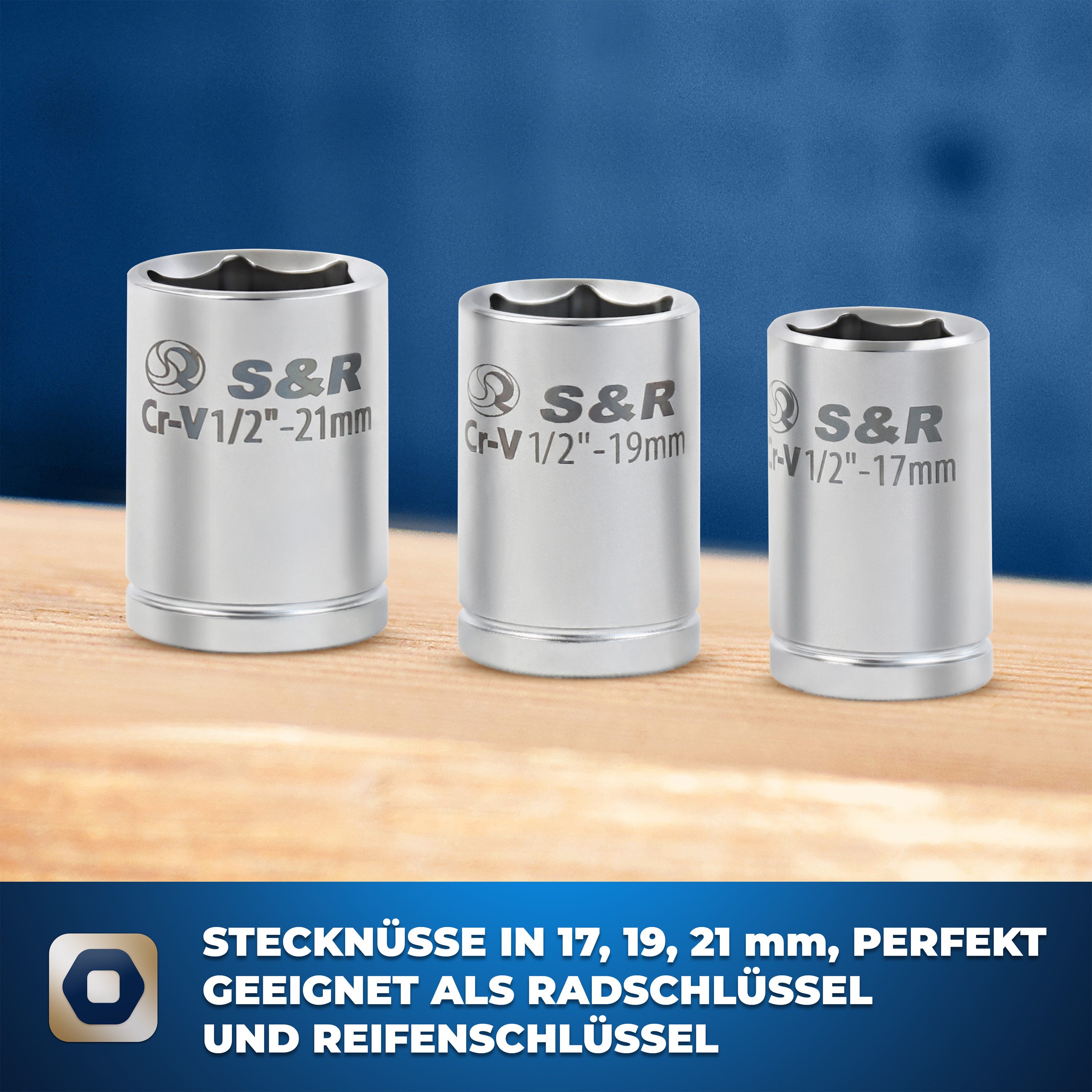 S&R Drehmomentschlüssel neues Patent: 2 in 1 Kreuz-Drehmoment-Schlüssel mit Spindelgriff (Set, 5-tlg. Drehmomentschlüssel + Spindelgriff + 3 Stecknüsse 17, 19, 21 mm), 1/2 Zoll, aus CRV-Stahl, in stabilem robustem Koffer