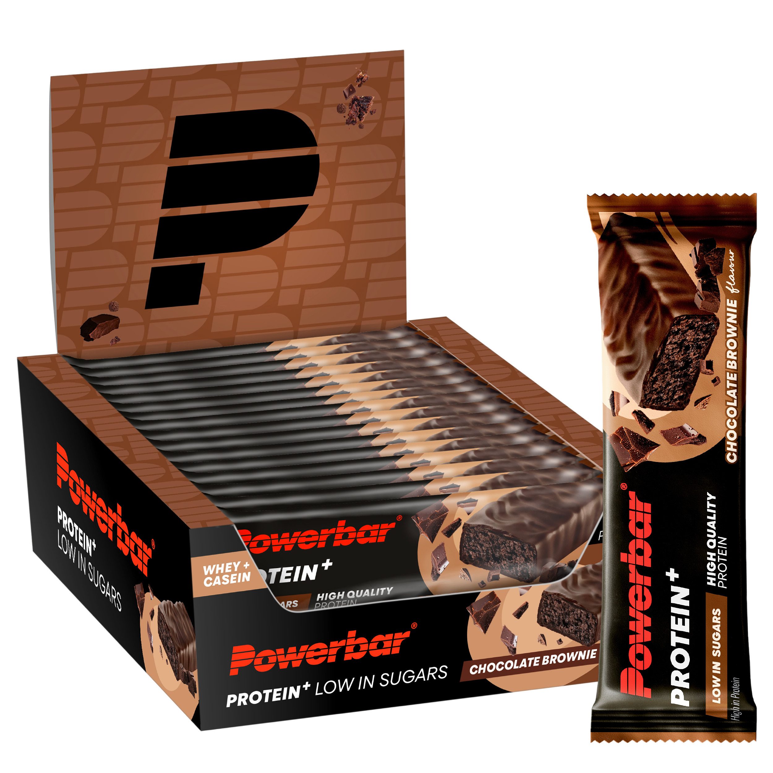 PowerBar Protein Plus Low Sugar Chocolate Brownie 16 x 35 g Riegel Riegel, 16 er Display à 16 St., 560 g, Hochwertiges Eiweiß, bis zu 11 Gramm
