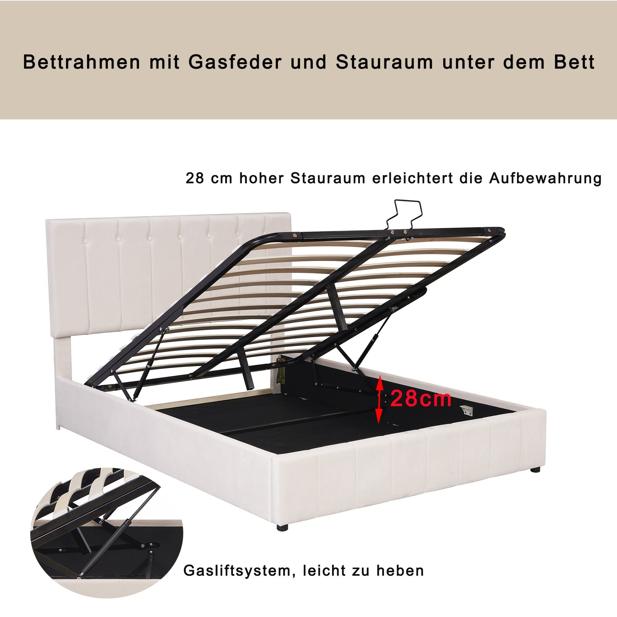 Polsterbett (Doppelbett, 1-tlg., 140x200 cm Hydraulisches Bett Funktionsbett, Samtbezug), mit Bettkasten & Lattenrost, Verstellbares Kopfteil