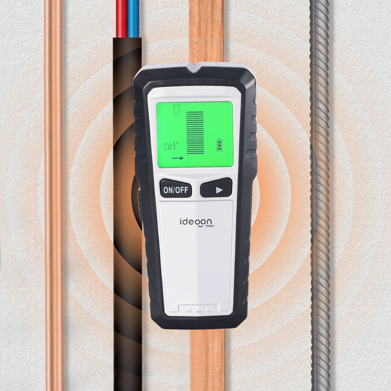 shop'n smile ideoon Leitungsortungsgerät Wandscanner & Ortungsgerät 5-in-1 mit Display & Warnsignal, Ortung von Metall, Strom & Holz, 140 g, 16,4 x 7,5 x 3,4 cm