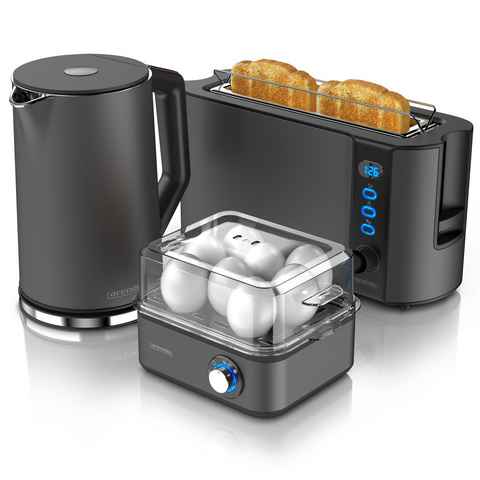 Arendo Frühstücks-Set (3-tlg), Wasserkocher 1,5l / Toaster / Eierkocher, Edelstahl, Grau