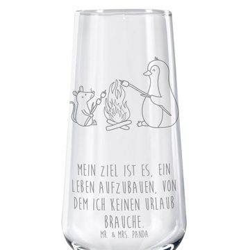 Mr. & Mrs. Panda Sektglas Pinguin Lagerfeuer - Transparent - Geschenk, Spülmaschinenfeste Sektg, Premium Glas, Persönliche Gravur