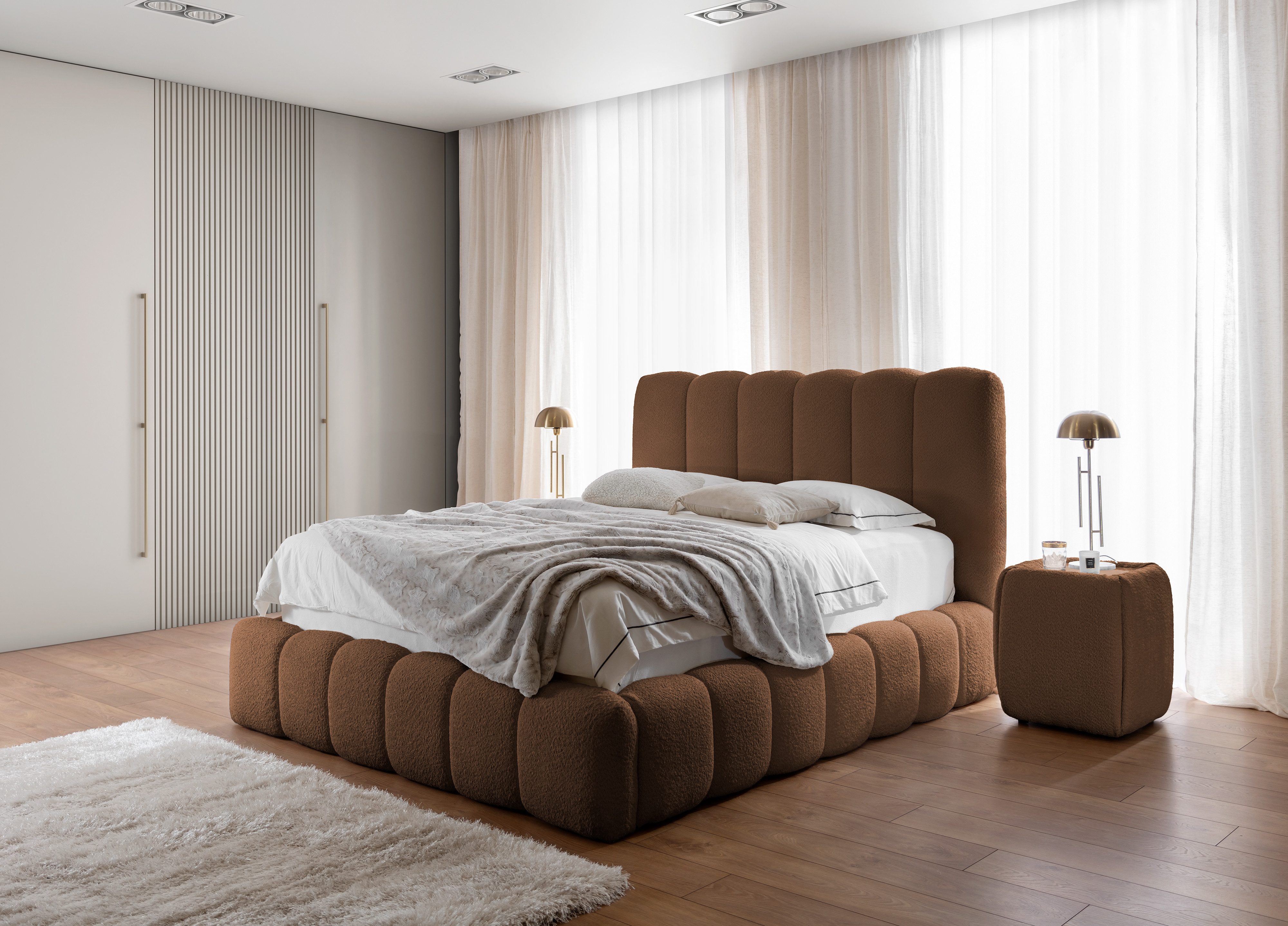 yourhouse24 Polsterbett Cande mit Bettkasten (Bettgestell mit Lattenrost), Bouclé-Stoffbezug, Gepolstertes Kopfteil, Wolkenbett