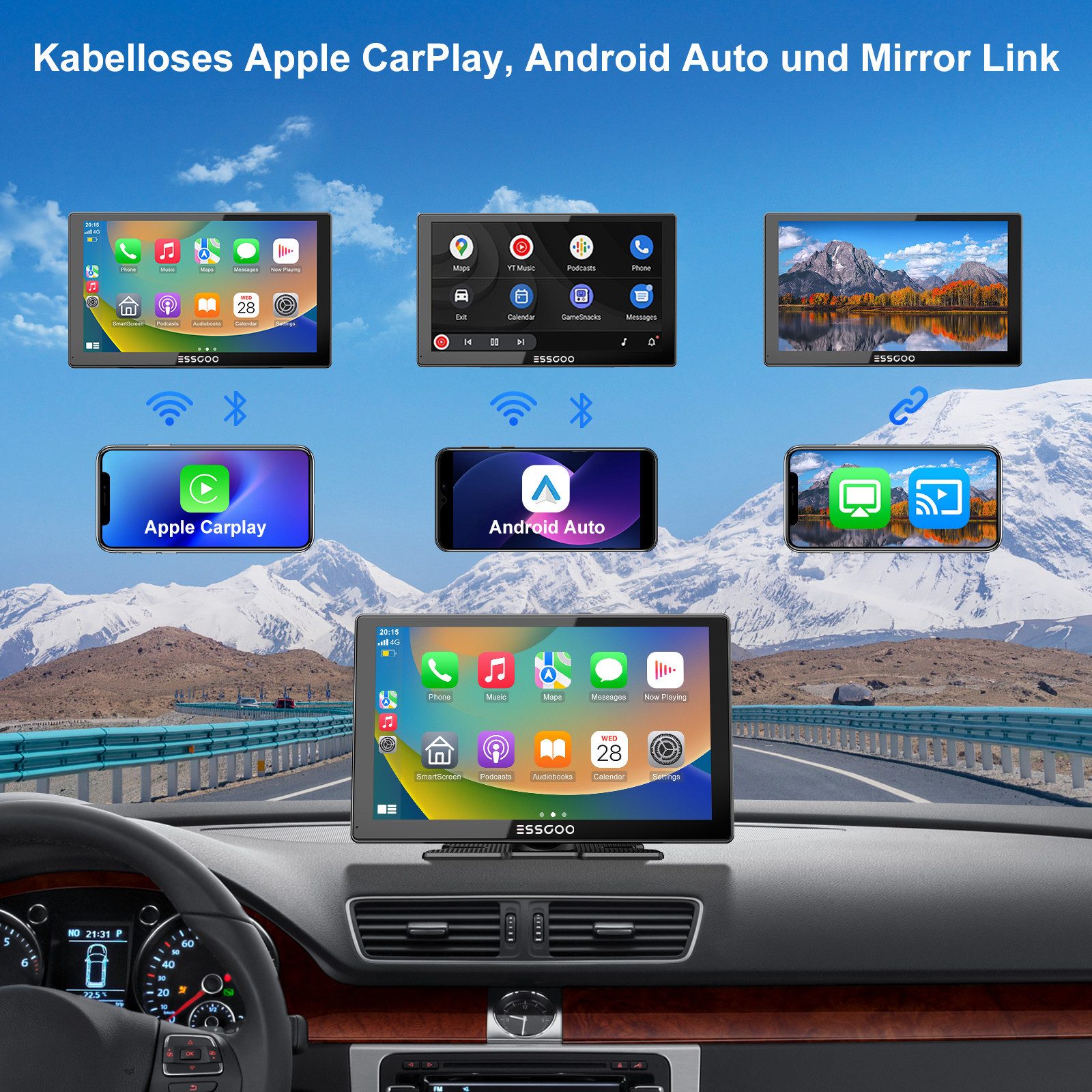 ESSGOO 9'' 4K Wireless Carplay Android Auto real 4K Dashcam Rückfahrkamera Navigationsgerät