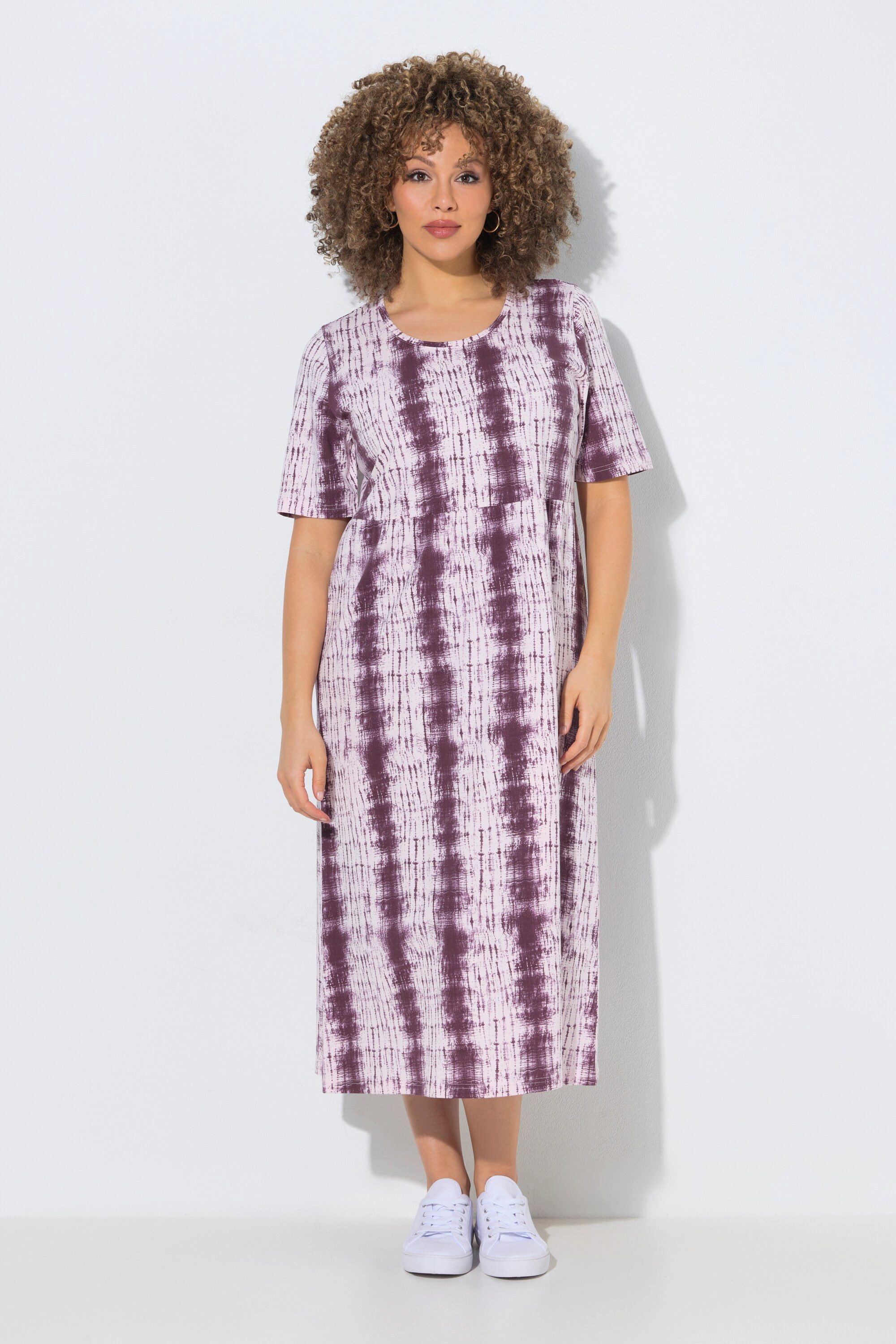 Ulla Popken Jerseykleid Midikleid Batikstreifen A-Linie Rundhals Halbarm
