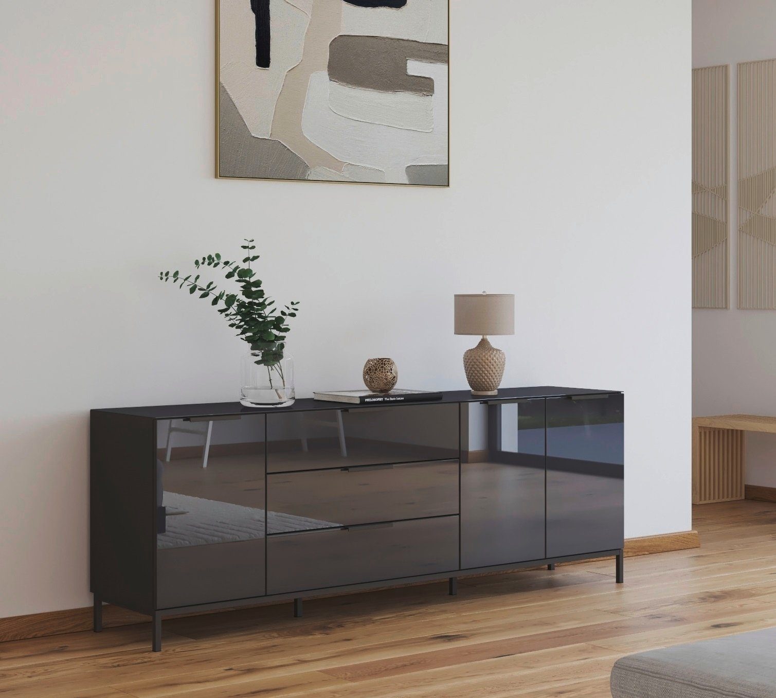 rauch Kombikommode Kommode Türkommode Sideboard Kombikommode FLIPP mit Glasfront (Breite 200 cm mit 2 Einlegeböden), 3-türig, 3 Schubladen, Soft-Close-Funktion, Oberboden und Front Glas