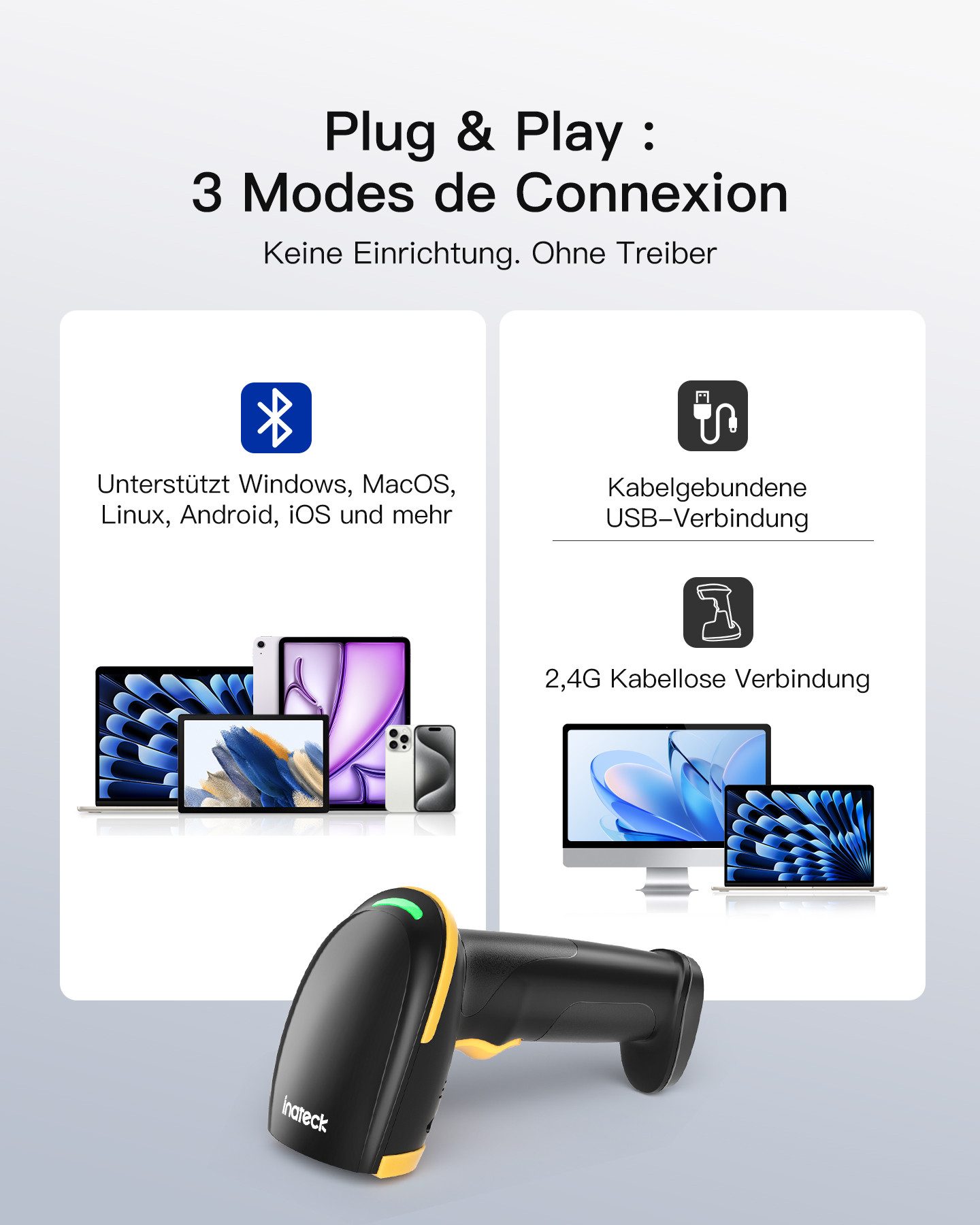 Inateck Barcode Scanner Kabellos, 1D CCD, Bildschirm-Scannen Unterstützt Handscanner, (2600mAh für 3 Monate Standby)