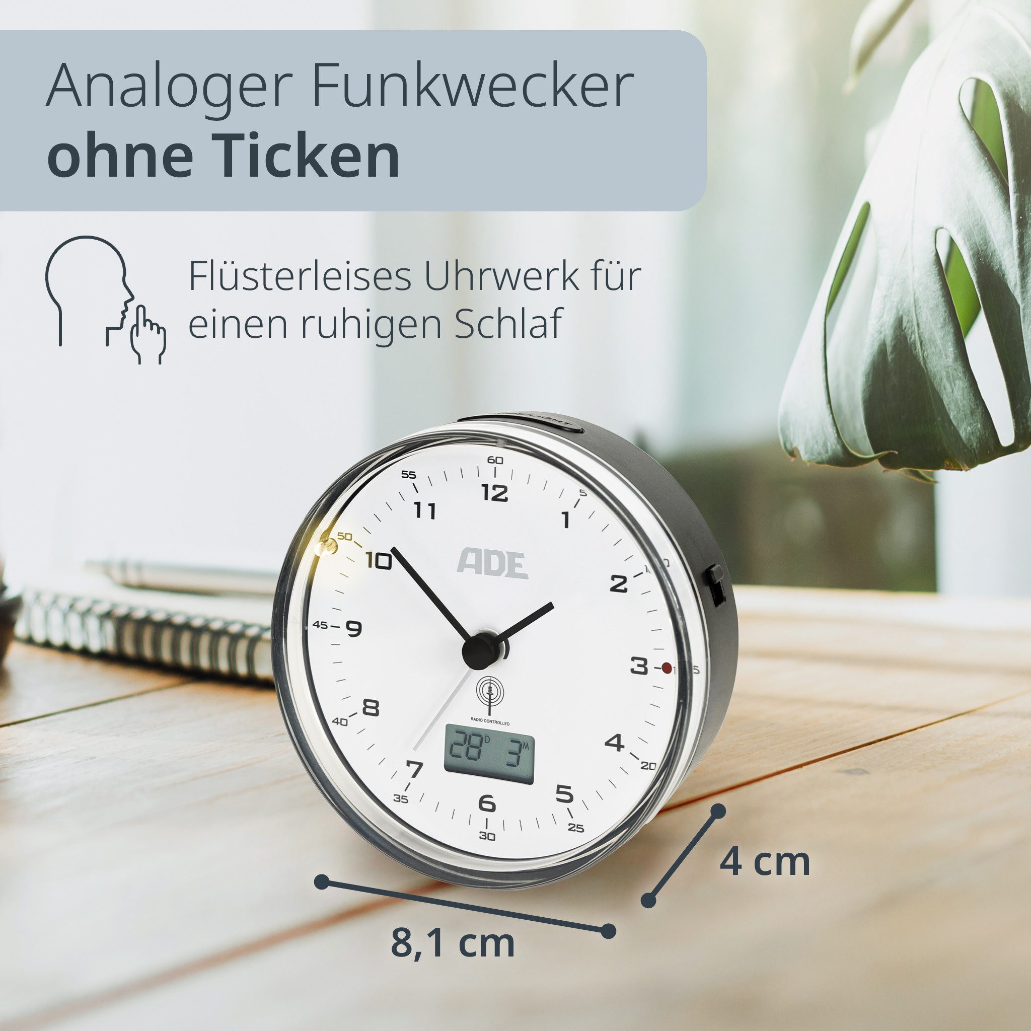 ADE Funkwecker Analoger Wecker mit Temperaturanzeige, ohne Ticken mit Beleu günstig online kaufen