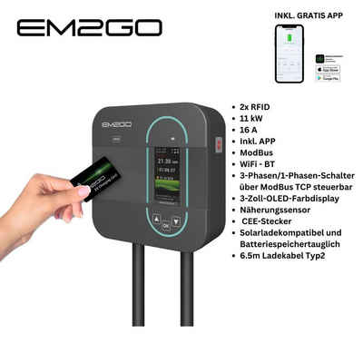 EM2GO AC Wallbox 11kW 6.5m Typ 2 Elektroauto-Ladegerät (Solarkompatibel, Batteriespeichertauglich, einfache Bedienung)