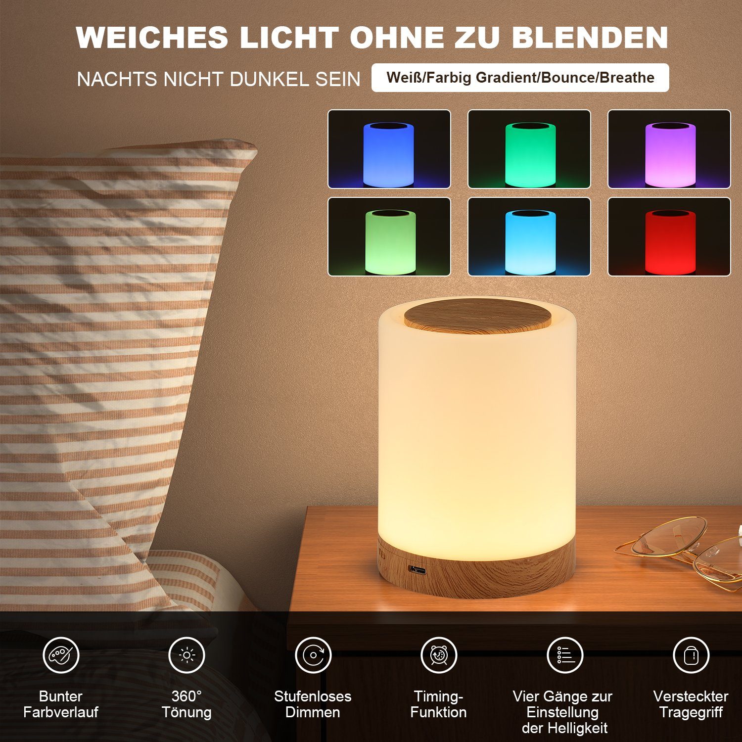 LETGOSPT LED Nachtlicht LED Nachttischlampe Touch günstig online kaufen