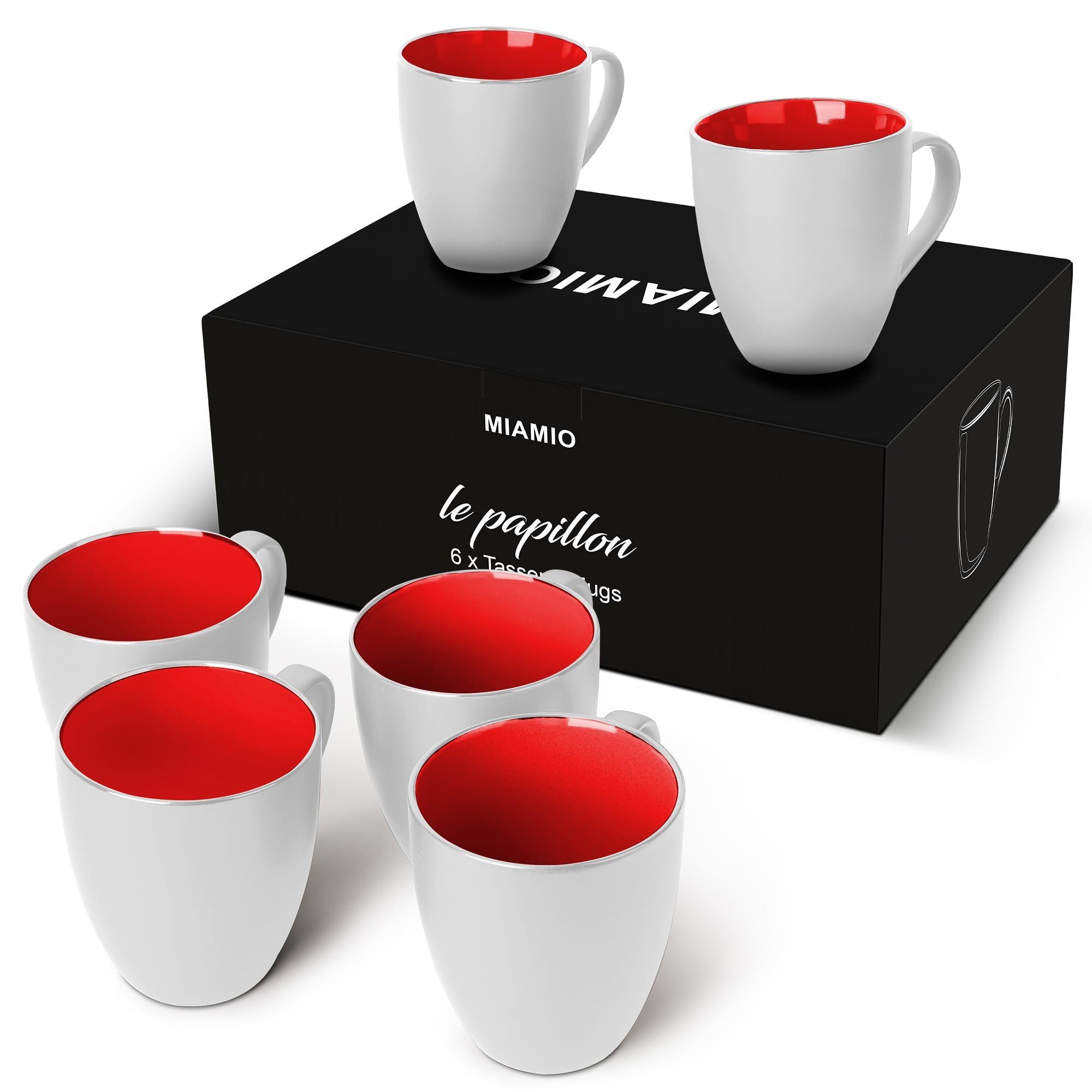 MiaMio Tasse Kaffeetassen Set Le Papillon Kollektion (Außen Weiß) rot