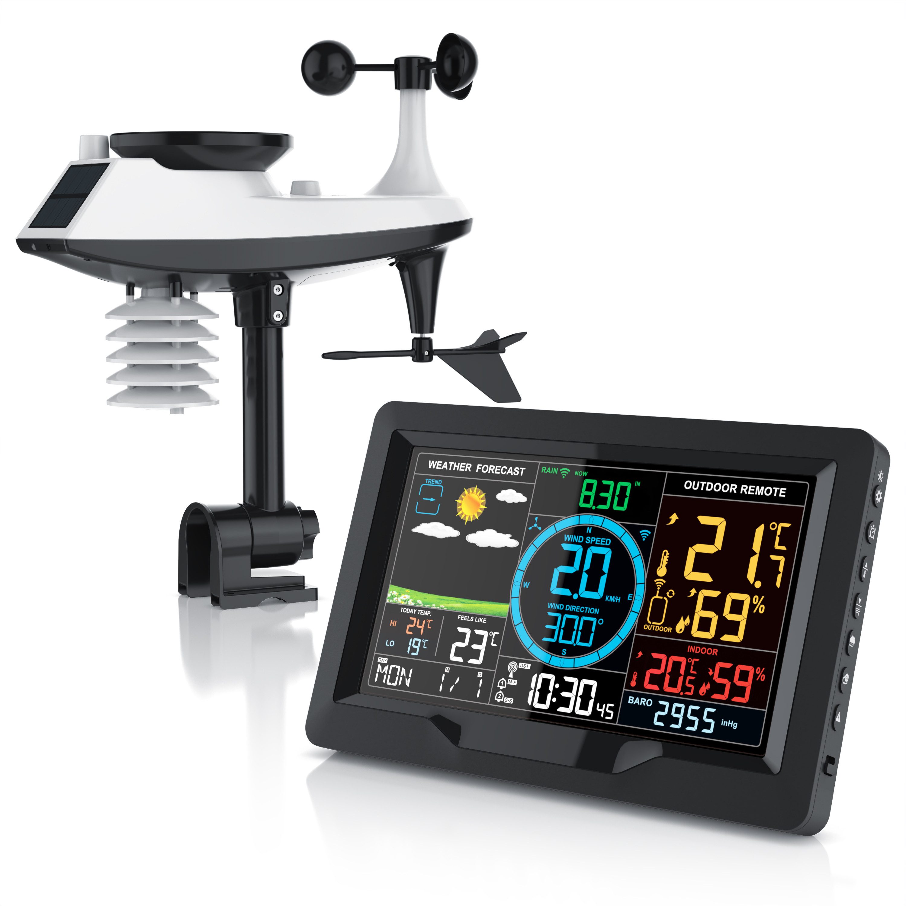 Brandson Wetterstation Funk mit 5 in 1 Außensensor, Farbdisplay, DCF Außenwetterstation (mit Außensensor, Netzteil, Bedienungsanleitung, Thermometer, Hygrometer, Windmesser und Regensensor, Solarpanel)