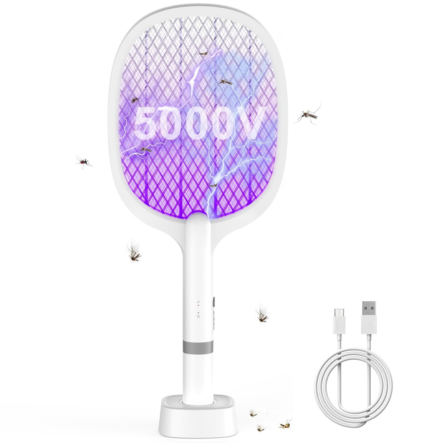 Athlix Fliegenklatsche 5000V Elektrische Fliegenklatsche Mückenklatsche mit Akku Aufladbar, Manueller Betrieb & UV-Licht-Modus für stationären Einsatz