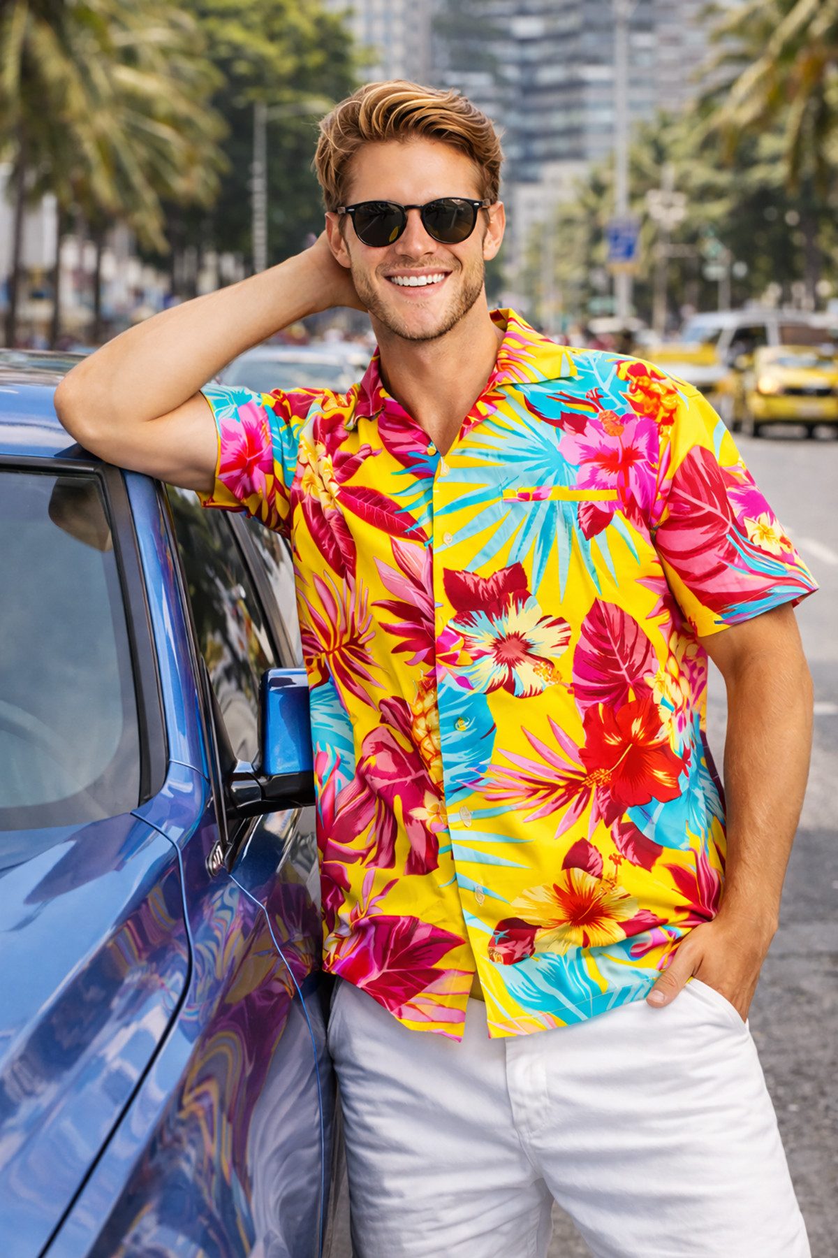 King Kameha Hawaiihemd Pineapple Funky Hawaii-Hemd Herren Kurzarm Front-Tasche Stylish