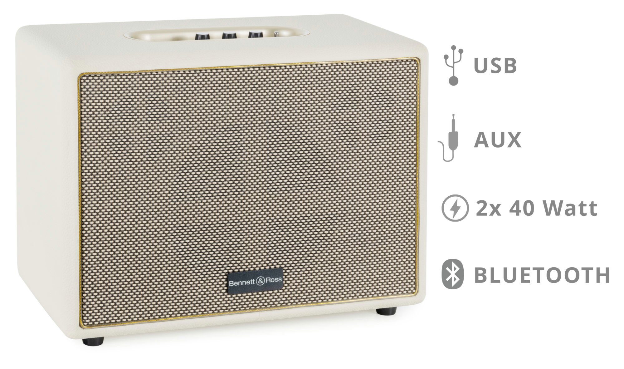 Bennett & Ross Bluetooth-Speaker Creme-Weiß mit BB-880 Retro TWS-Funktion) Giant (80 in Blackmore W, Lederoptik Lautsprecher