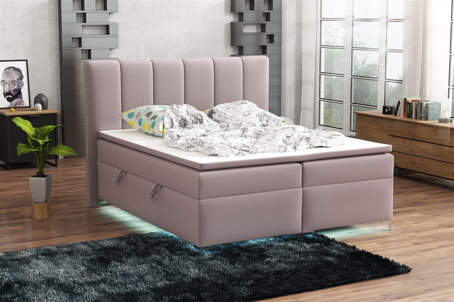 Fun Möbel Boxbett Bett Schlafzimmerbett ANGEL inkl. LED-Beleuchtung (Bettkasten Beleuchtet, inkl. Fernbedienung für die LED-Beleuchtung), Inkl. Topper und Bettkasten