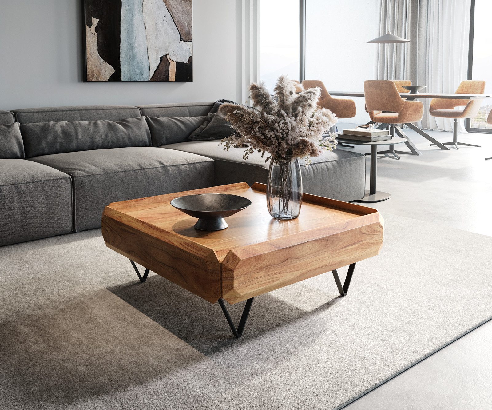 DELIFE Couchtisch Kiano, Akazie Natur 90x90 cm 2 Schübe V-Fuß Schwarz