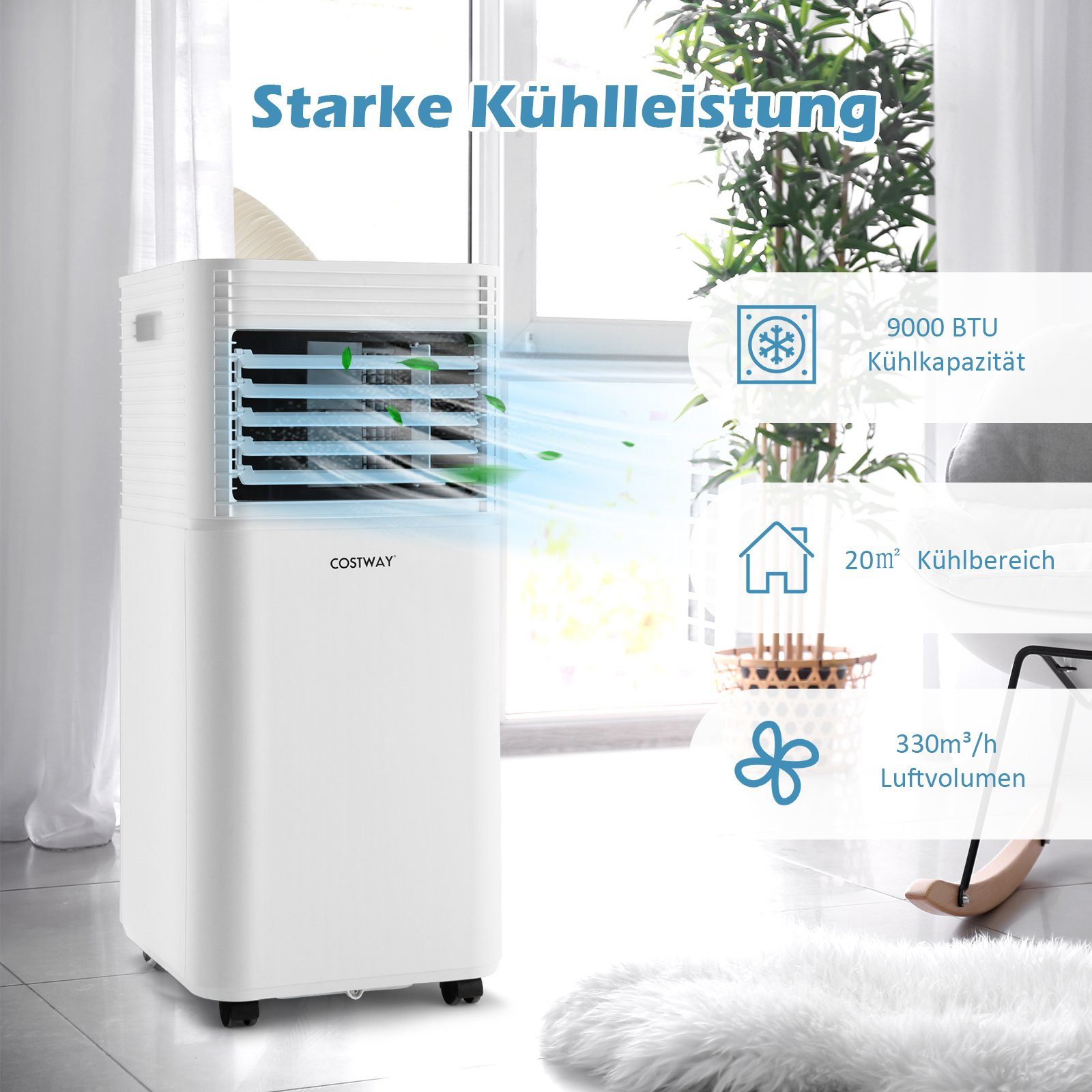 Weiß COSTWAY 3-in-1-Klimagerät, für 16℃-32℃ Fernbedienung, 52m³, 9000BTU/2,6kW,