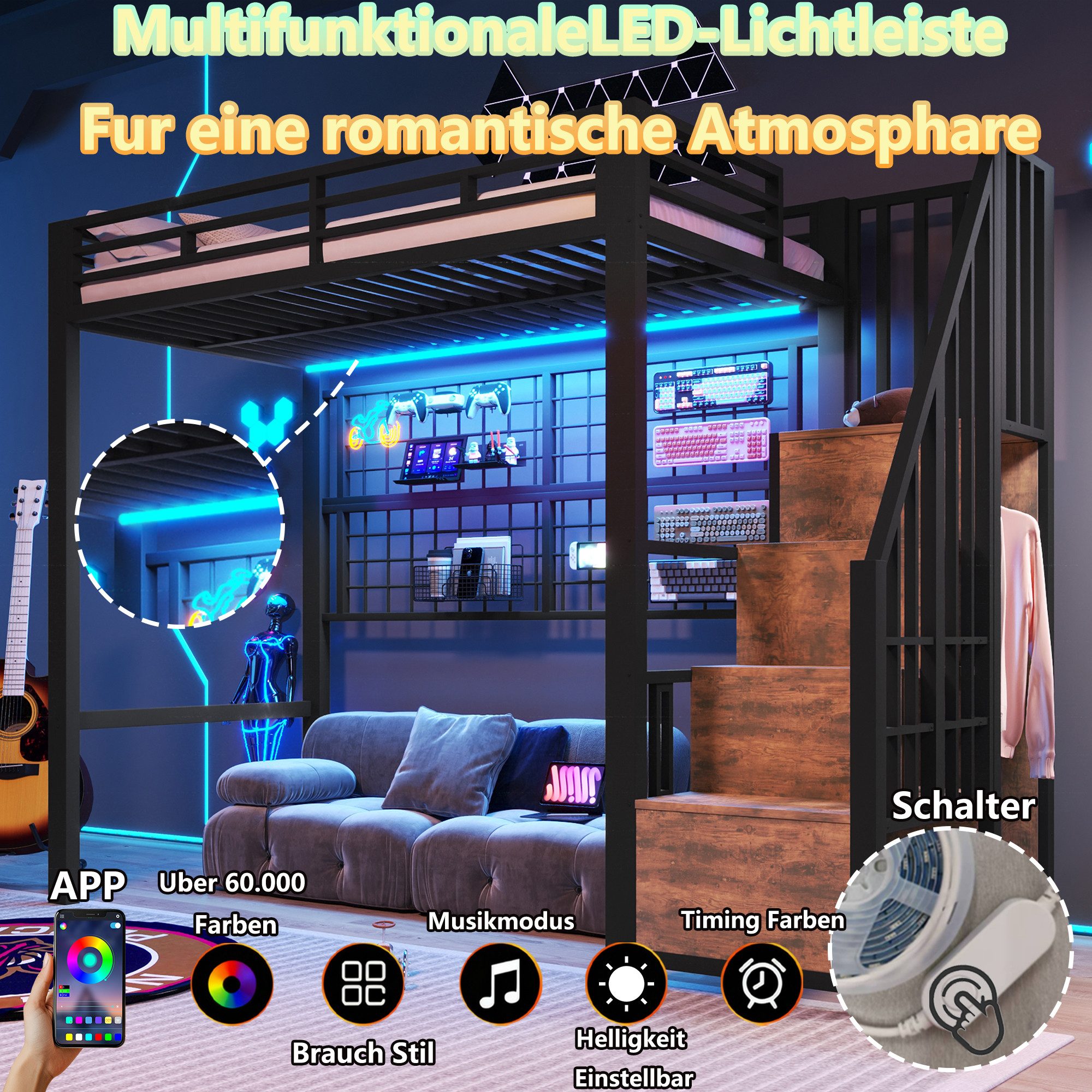 Flieks Hochbett Metallbett Einzelbett 90x200cm mit Led, Kleiderstange, Stauraumfächer – Bild 4 von 5