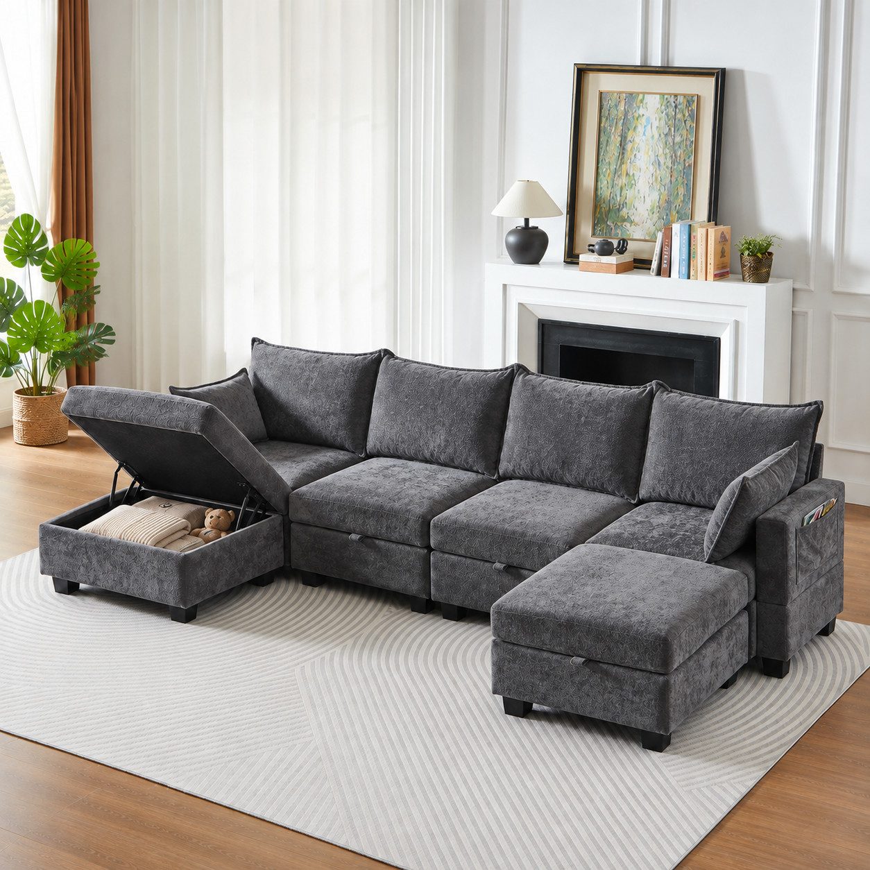 ANYSUN Wohnlandschaft U-Form, 6-Sitzer, modulares Chenille-Sofa mit Stauraum, Für Wohnzimmer & Apartment, flexibel mit Staufächern & Seitentasche