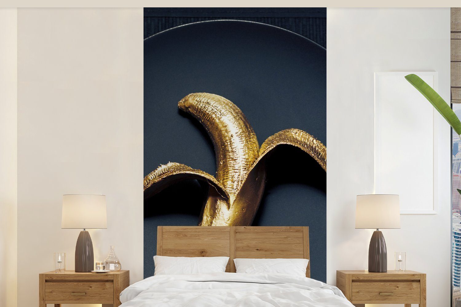 MuchoWow Fototapete Goldene Banane auf dunklem Hintergrund, Matt, bedruckt, (2 St), Vliestapete für Wohnzimmer Schlafzimmer Küche, Fototapete