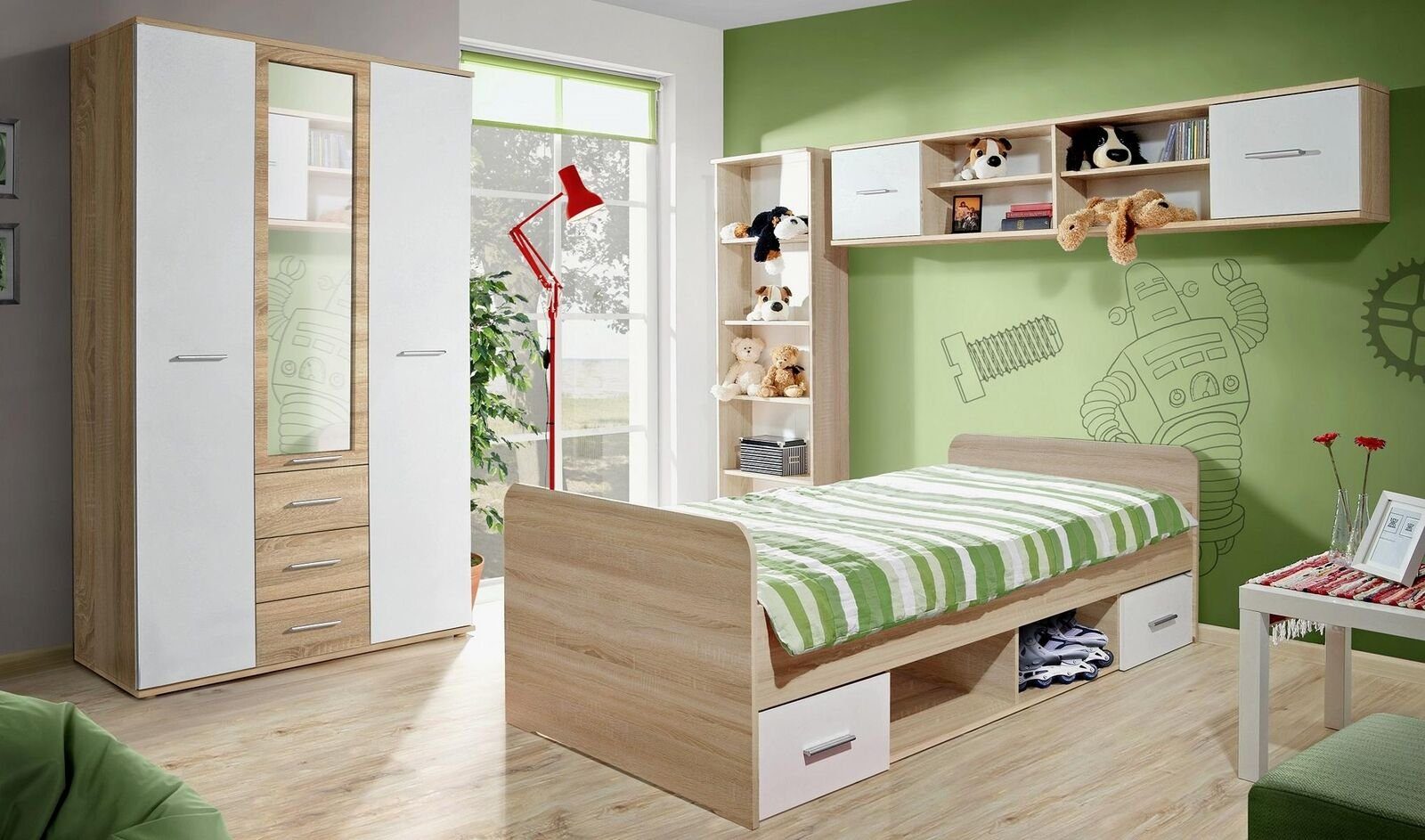 JVmoebel Jugendzimmer-Set Set Bett Nachttisch Designer Kleiderschrank Modern Einrichtung, (4-St., Bett/Kleiderschrank/Regal/Bücherregal), Made in Europa