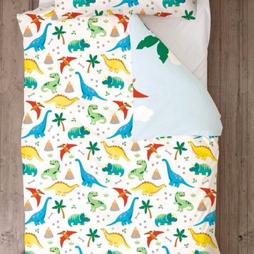 Babybettwäsche Dino 100x135 + 40x60 cm, 100 % Baumwolle Flanell, MTOnlinehandel, Biber/Flanell, 2 teilig, Dinosaurier Kinderbettwäsche, fröhliches Kinderzimmer