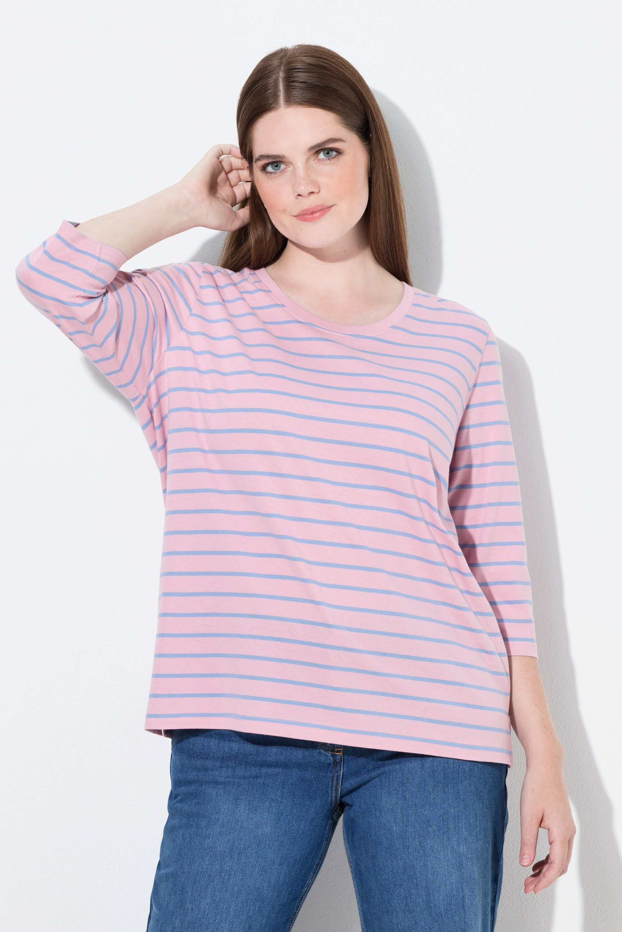 Ulla Popken T-Shirt Shirt Ringel Rundhals 3/4-Arm Biobaumwolle günstig online kaufen