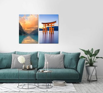 Sinus Art Leinwandbild 2 Bilder je 60x90cm Itsukushima-Schrein roter Schrein Japan Berge Bergsee Harmonie Beruhigend