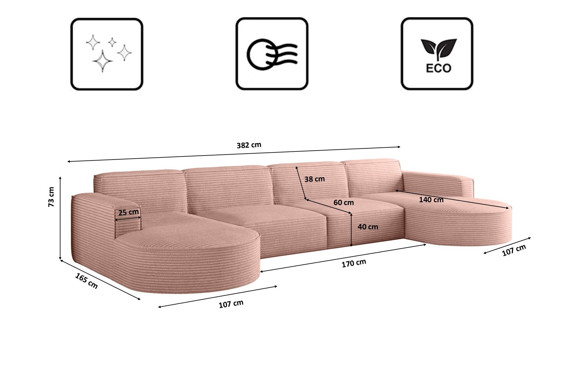 Kaiser Möbel Ecksofa Designer MODENA U XL stoff Dicker cord Poso, Viele Farben, praktisch und komfortabel
