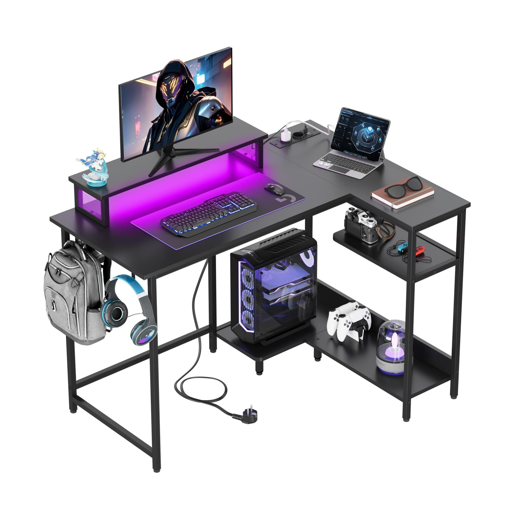 DEVAISE Computertisch Gamingtisch 111/120/140 x 80 cm Computertisch, L-förmiger Schreibtisch (Packung, Tablett mit Ständer), Computertisch mit LED, 2 USB und 2 AC-Steckdosen, für Büro
