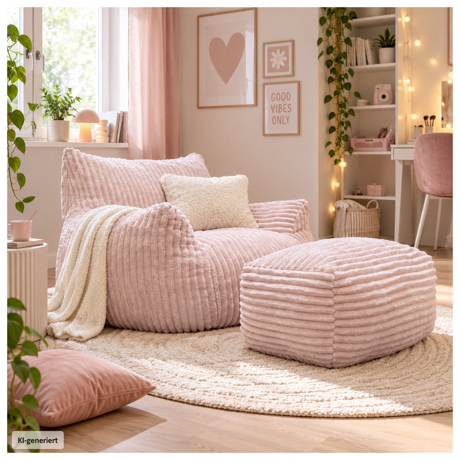 HTI-Living Loungesessel Softsessel Adina mit Hocker Rosa Sitzsack Bodensessel 103 x 70 x 90 cm (1 Stück, 2-St), gemütliche Sitzhöhe