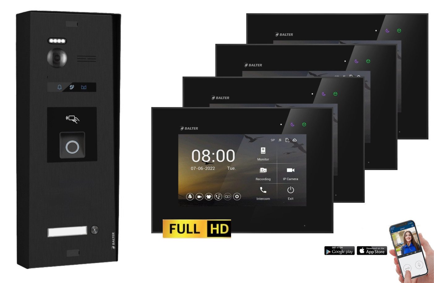 Balter Video-Türsprechanlage BALTER EVO-HD Aufputz Türsprechanlage 1-Familienhaus Schwarz (Set, 1-Familienhaus, Komplettset, Full HD 175° Kamera, Fingerprint, RFID)