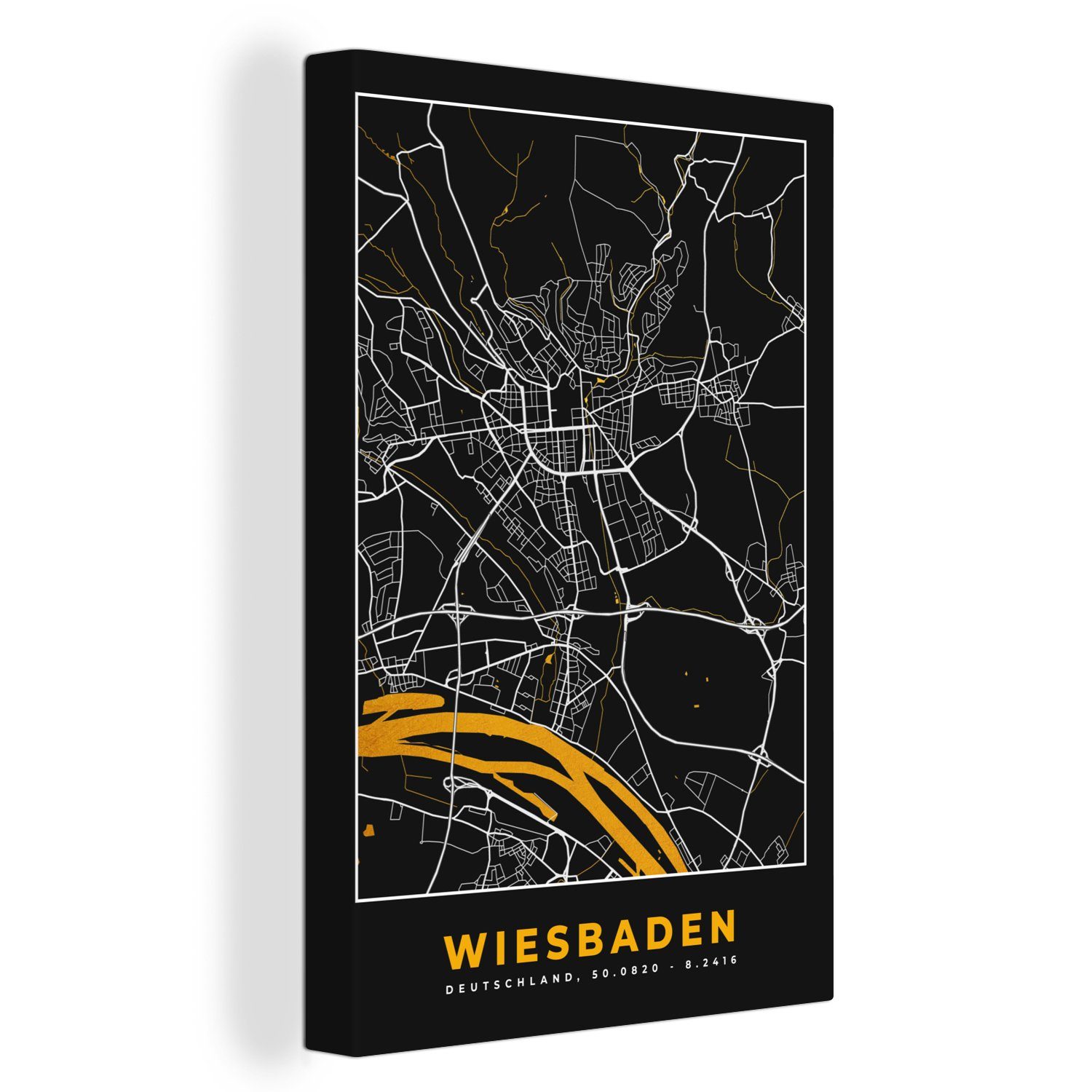 OneMillionCanvasses® Leinwandbild Wiesbaden - Deutschland - Karte - Gold - Stadtplan, (1 St), Leinwandbild fertig bespannt inkl. Zackenaufhänger, Gemälde, 20x30 cm