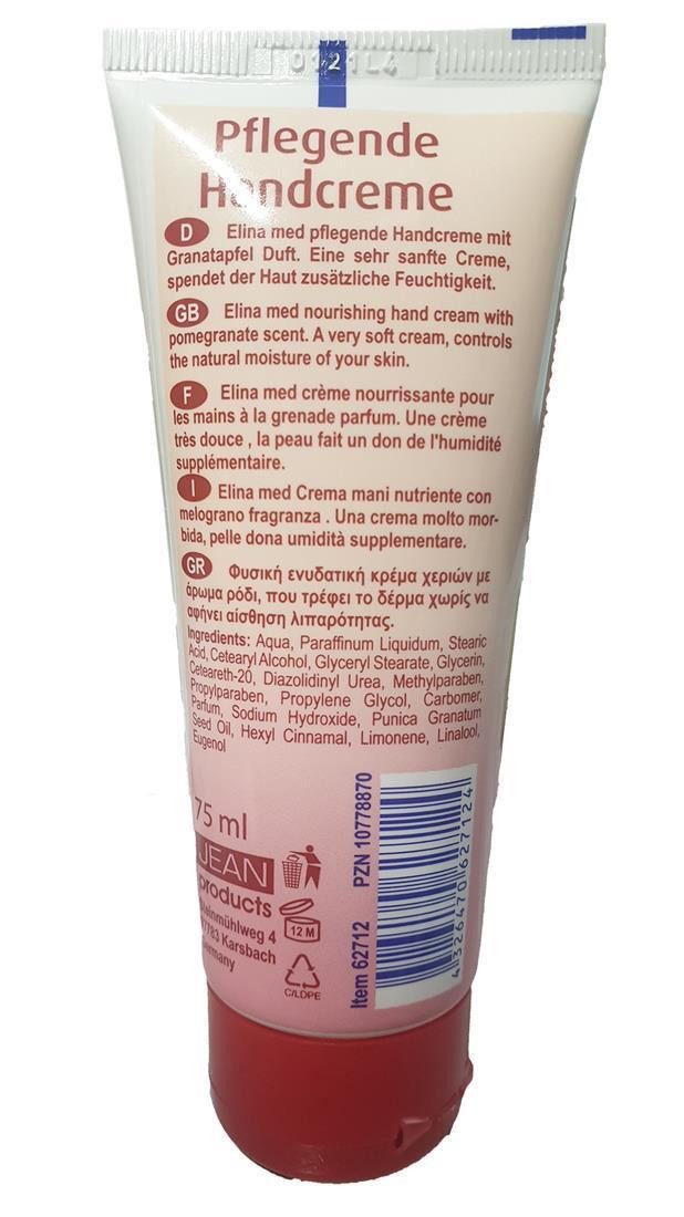 Elina Med Handcreme Granatapfel Handcreme 75ml Tube - Reichhaltige Pflege Tube, Handcreme Hautschutzcreme Pflegecreme Handpflegecreme Handlotion Lotio