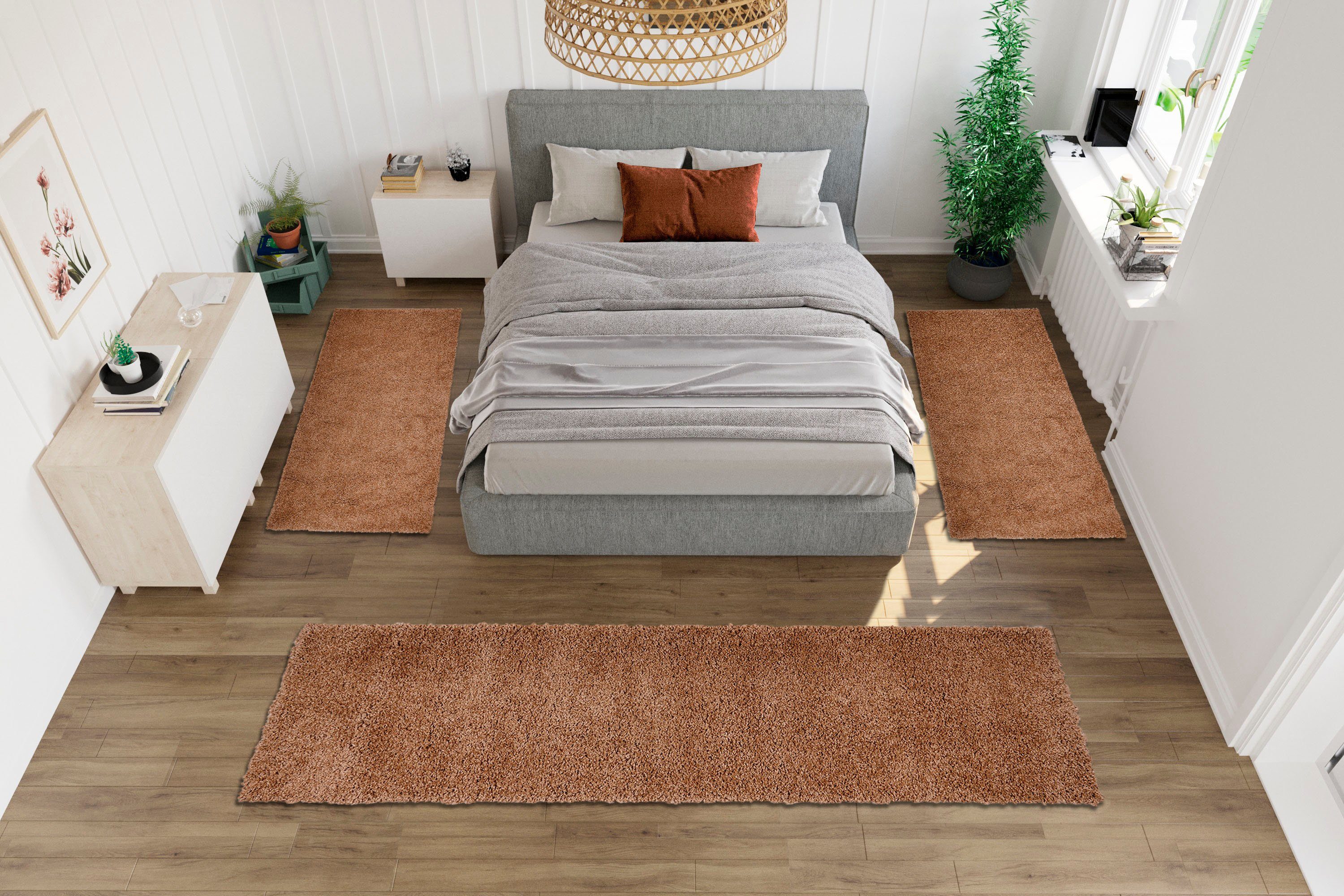 OTTO home Bettumrandung Shaggy 30, Höhe 30 mm, (3-tlg), gewebt, 2- oder 3-teilig, Bettvorleger, Läufer-Set, Uni-Farben