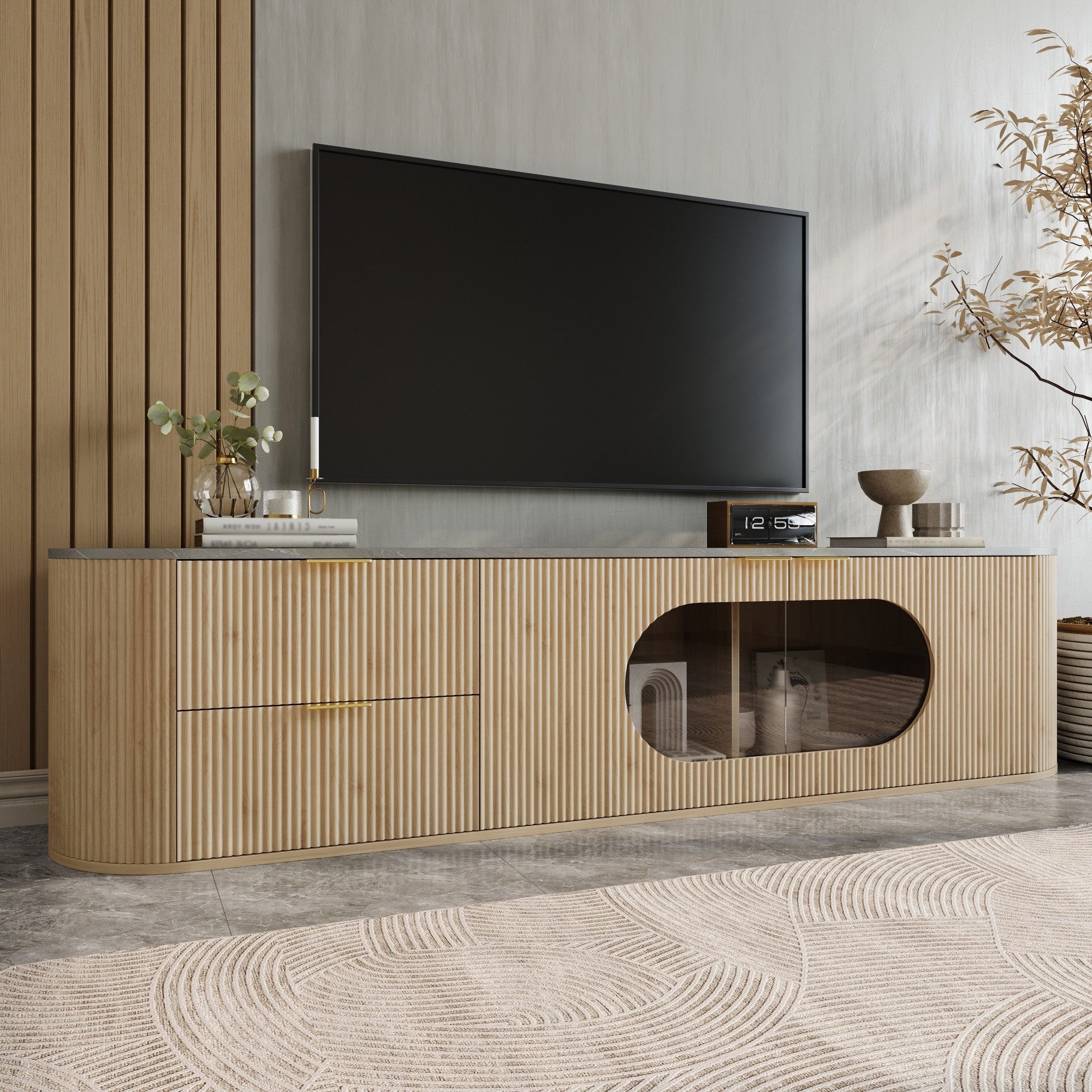Odikalo Lowboard TV-Schrank mit Schubladen vertikalen 3D-Streifen, Holzoptik (Schranktüren mit vertikalen 3D-Streifen, Ovaler Vitrinenschrank aus grauem Glas, Mehrzonen-Stauraum, Wohnzimmerschrank)