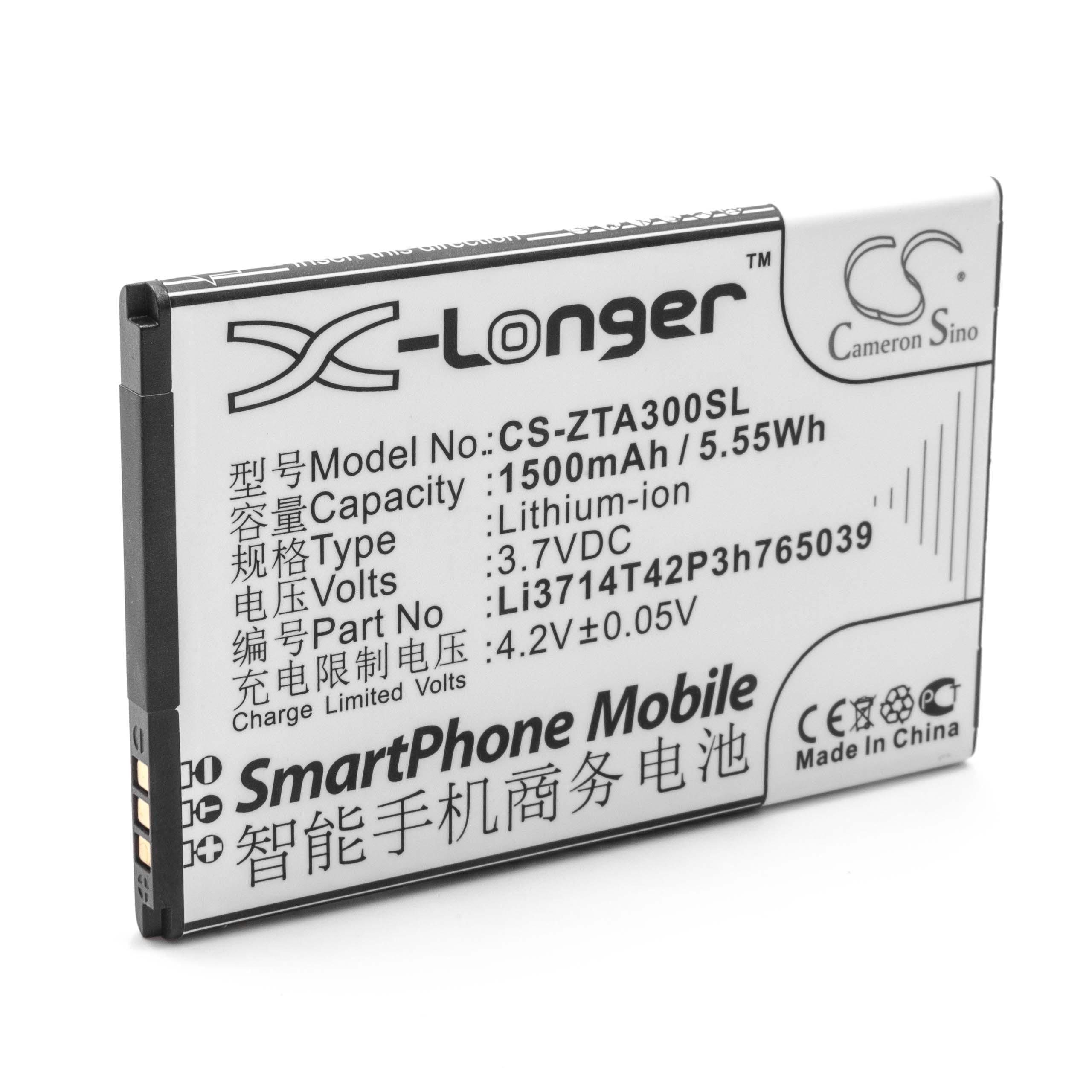 (3,7 V) 1500 für mAh ZTE Ersatz Smartphone-Akku für Li-Ion vhbw Li3714T42P3h765039