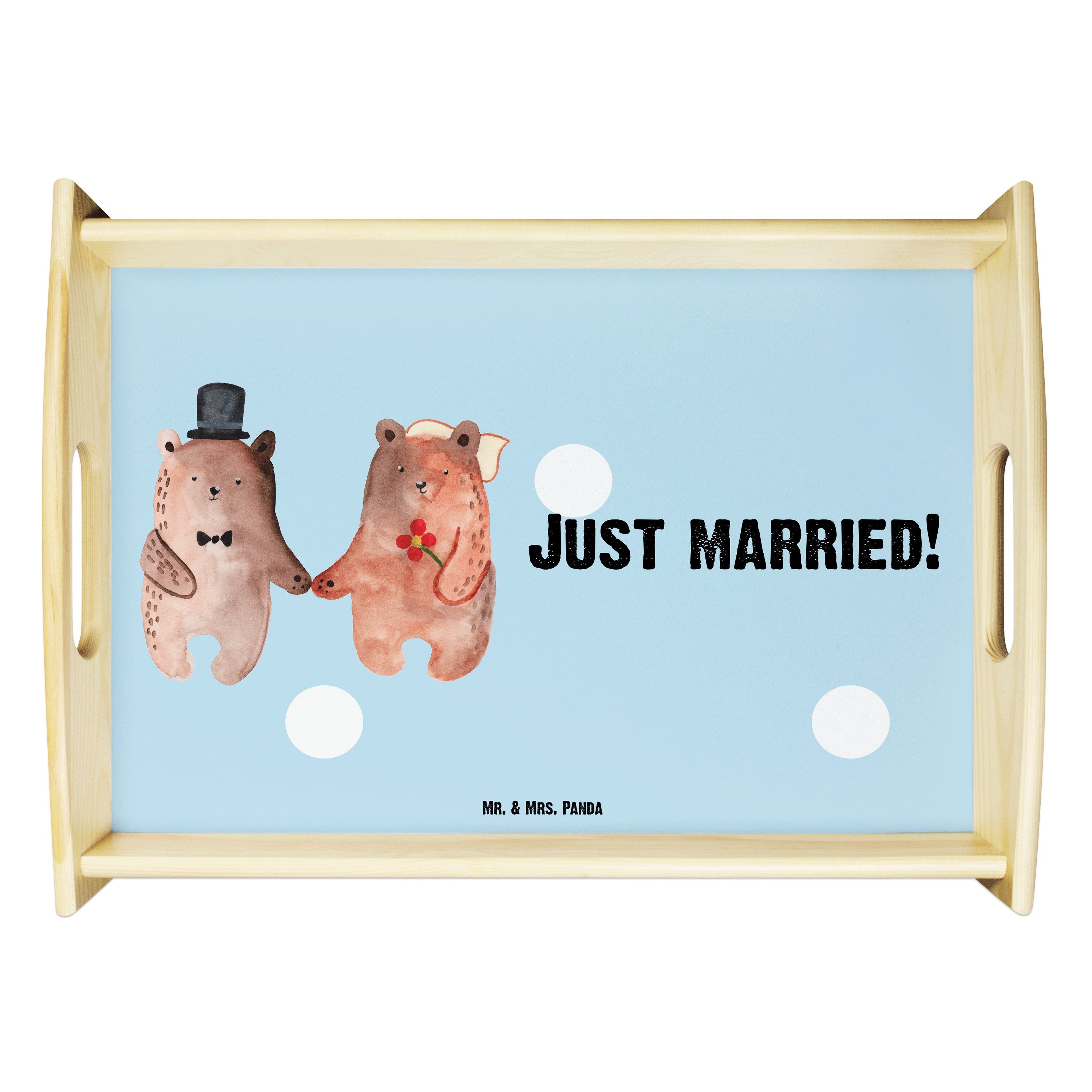 Mr. & Mrs. Panda Tablett (1-tlg) - Dekotablett, Echtholz Heirat Tablett, Bär Frühstück, lasiert, Pastell - Blau Geschenk