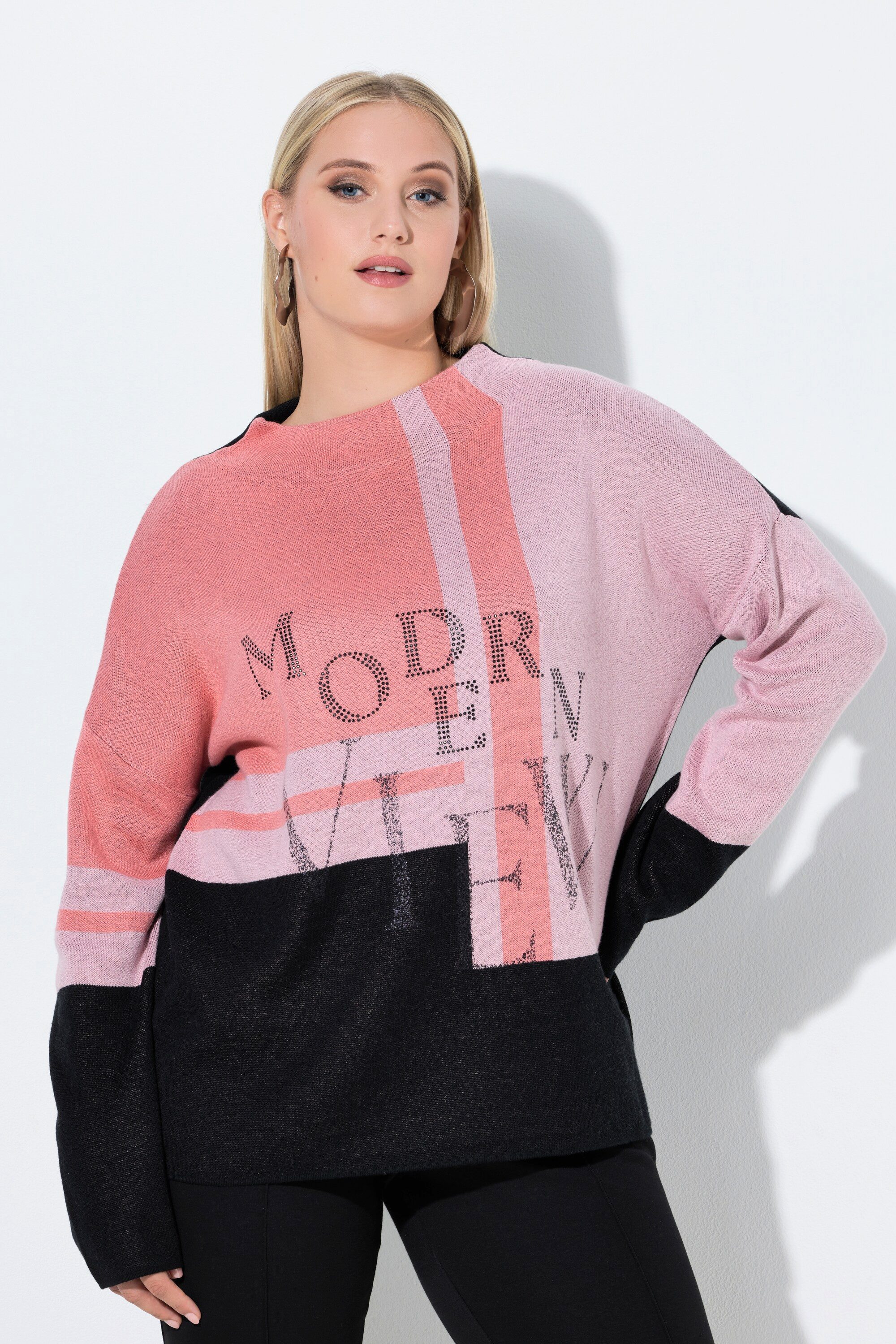Ulla Popken Jacquardpullover Pullover Glitzer-Schriftzug Stehkragen Langarm günstig online kaufen