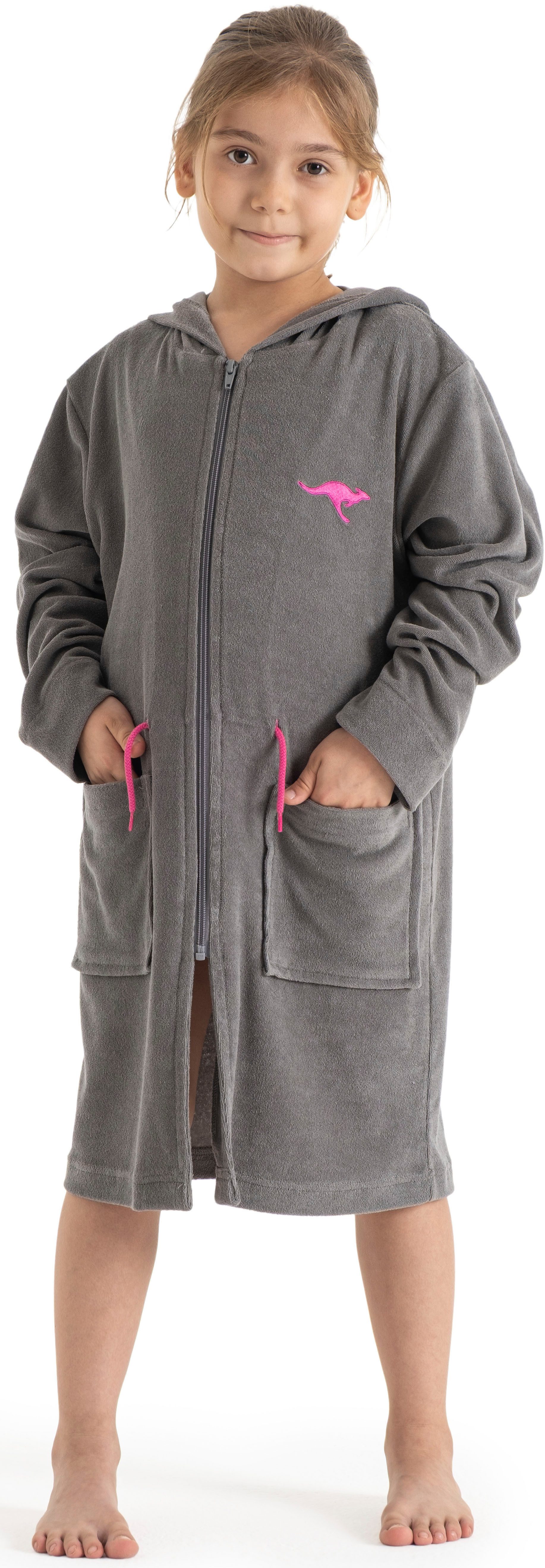 KangaROOS Kinderbademantel Kira, Ideal für Zuhause, Schwimmbad oder im Urlaub, Kurzform, Leichtfrottier, Kapuze, Reißverschluss, modernen, sportliches Design, leuchtenden Akzenten