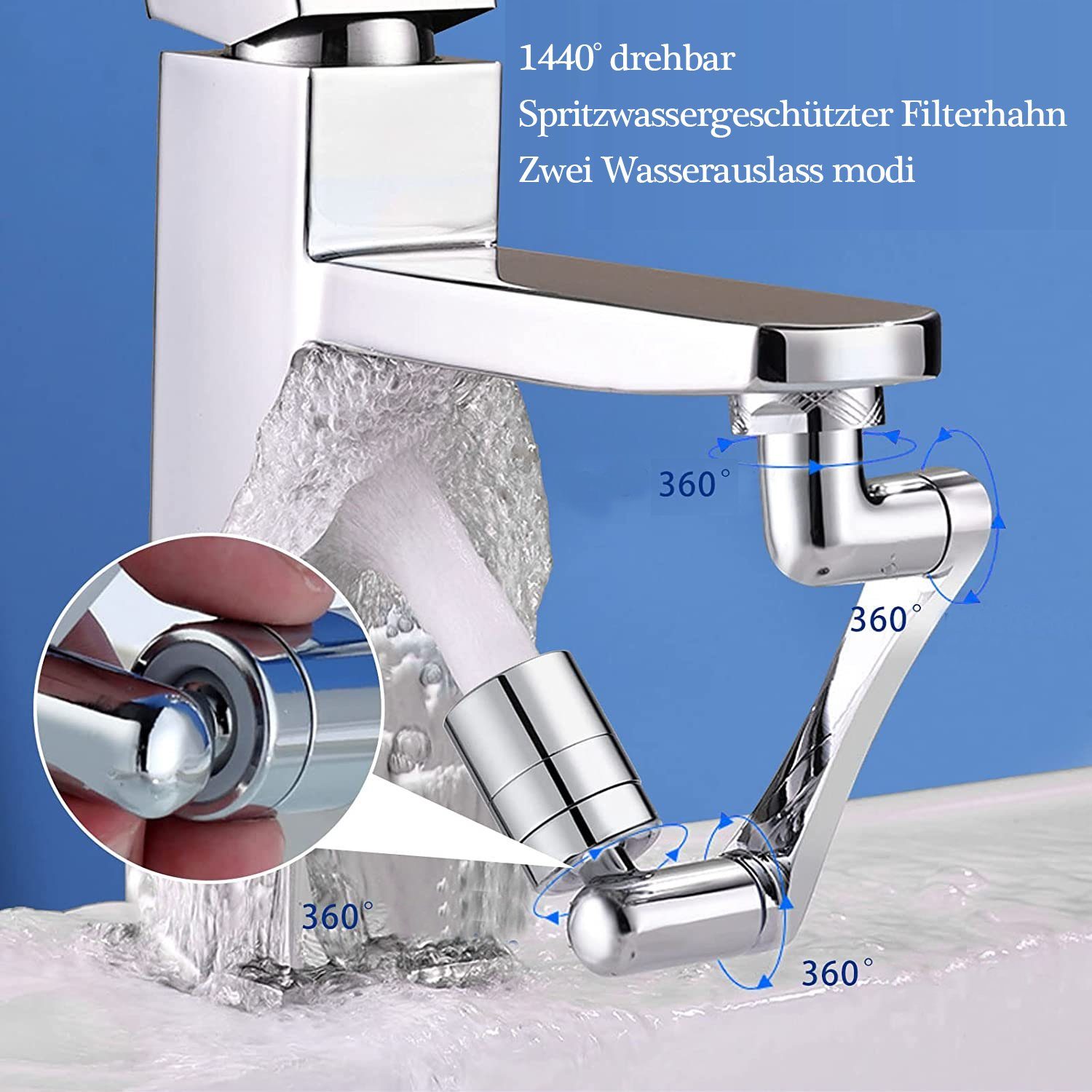 Sprühfunktion Wasserhahn Silber zggzerg drehbarer 1440° Luftsprudler, Waschtischarmatur verlängerung, 2