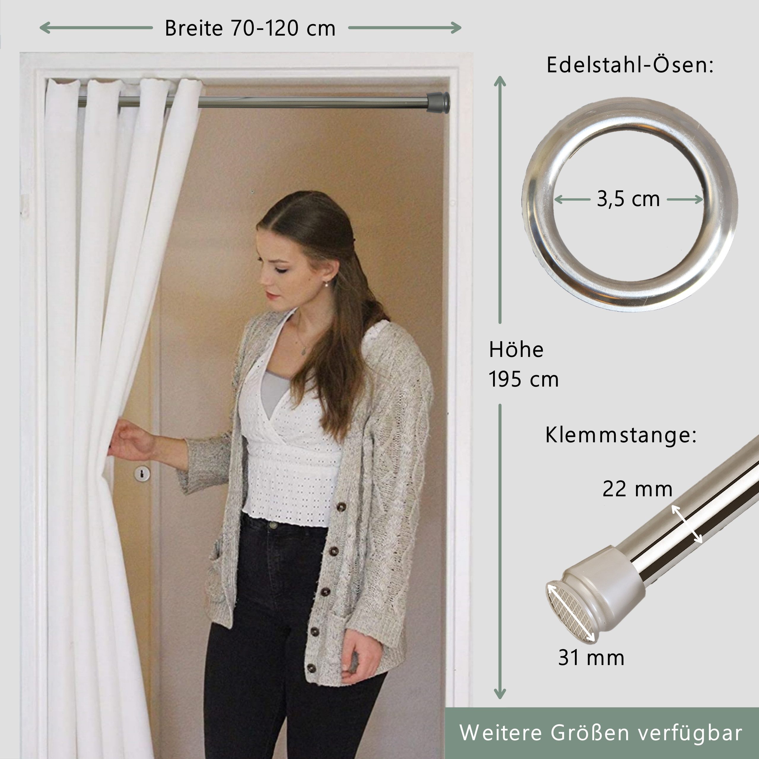 tinycurtains Türvorhang mit Stange silber 70-120 cm Thermo Vorhang ohne Bohren, mit Magneten, Ösen, abdunkelnd, Polyester, weiß Purity, Türgardine mit Klemmstange Raumtrenner verdunkelnd