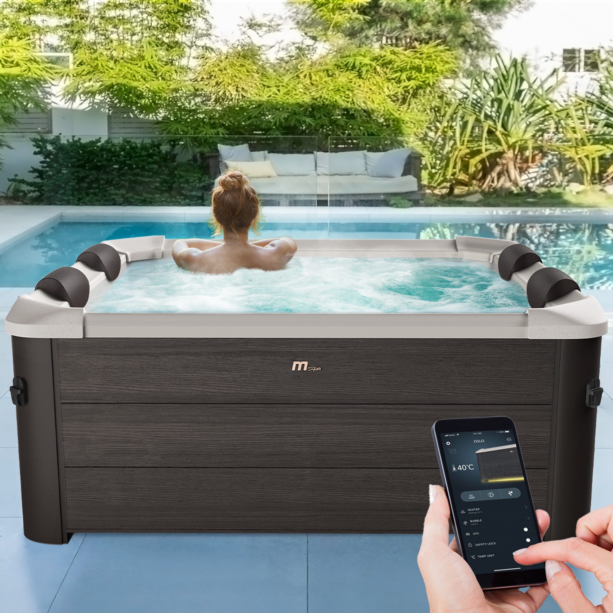 mSpa Whirlpool Frame Tribeca F-TR062W - 6 Personen, (Whirpool Outdoor 6 Personen, App-Steuerung), Luftstrom-Massage, Schnellheizsystem