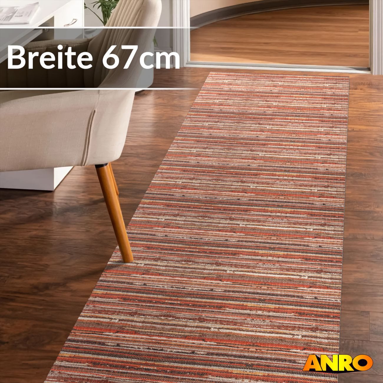 ANRO Küchenläufer Premium Flechtoptik RUNNA Läufer Küchenteppich Stoff-Teppich, Rechteckig, Höhe: 3 mm, Stoff schmutzabweisend 67x100cm Natural Braun robust