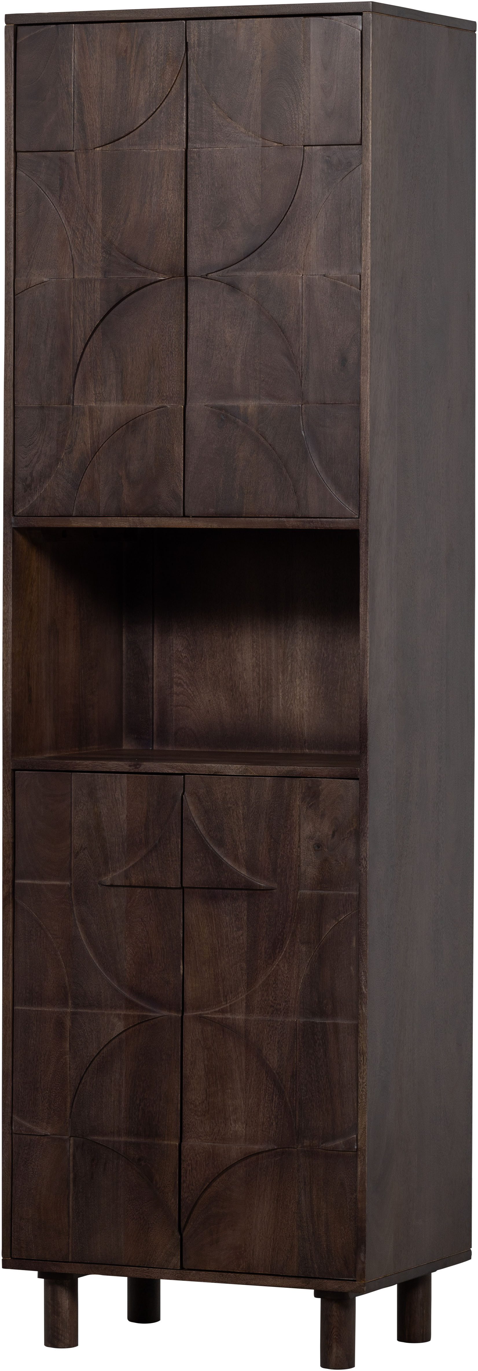 WOOOD Vitrine Draw Mangoholz mit Druckmechanismus und 3D-Relieftüren 60x40x200 cm Tragkraft 15 kg pro Boden, Wandbefestigung empfohlen ab 50 cm